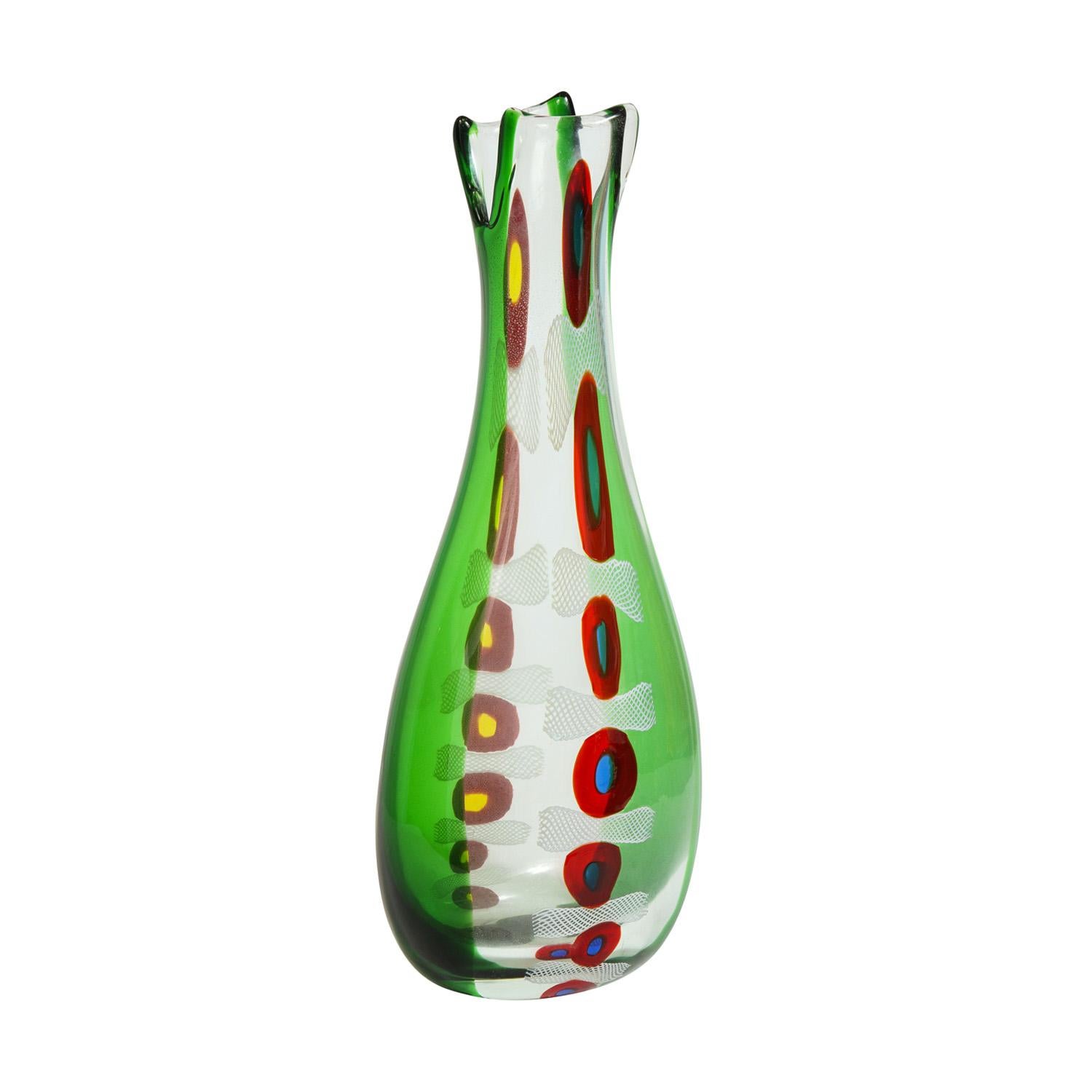 Hand-blown vase from the Murrine Incatenate series, with red and blue murrine and green up the sides, by Anzolo Fuga for AVEM, Murano Italy, ca 1959

Literature: Anzolo Fuga, Murano Glass Artist, Designs for A.V.E.M. by Rosa Barovier Mentasti,