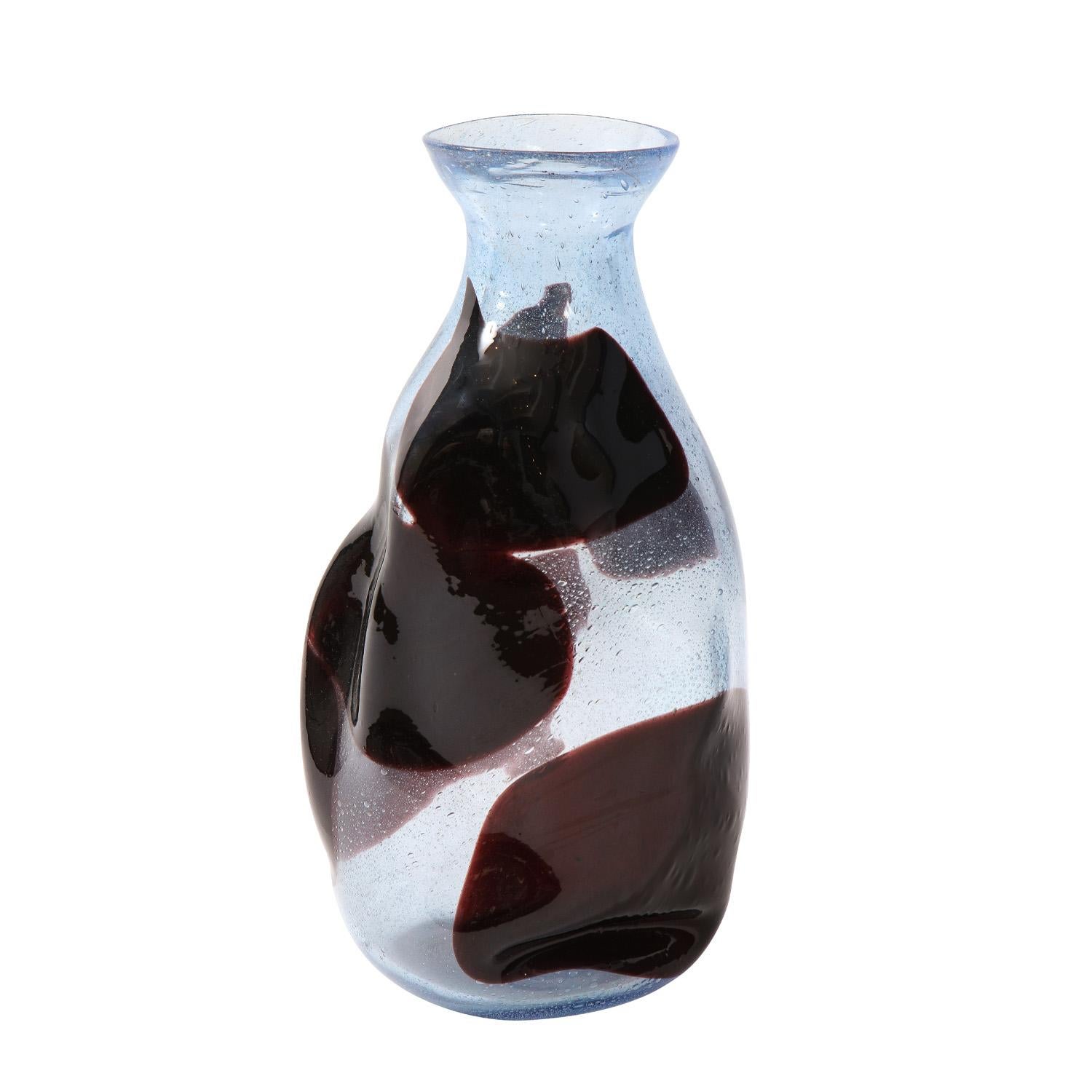 Rare and unique hand-blown glass vase, irregular form in pulegoso glass with spots, by Anzolo Fuga for A.V.E.M., Murano Italy 1960's. Fuga experimented with irregular shapes throughout his artistic career. 

Reference:
Anzolo Fuga Murano Glass