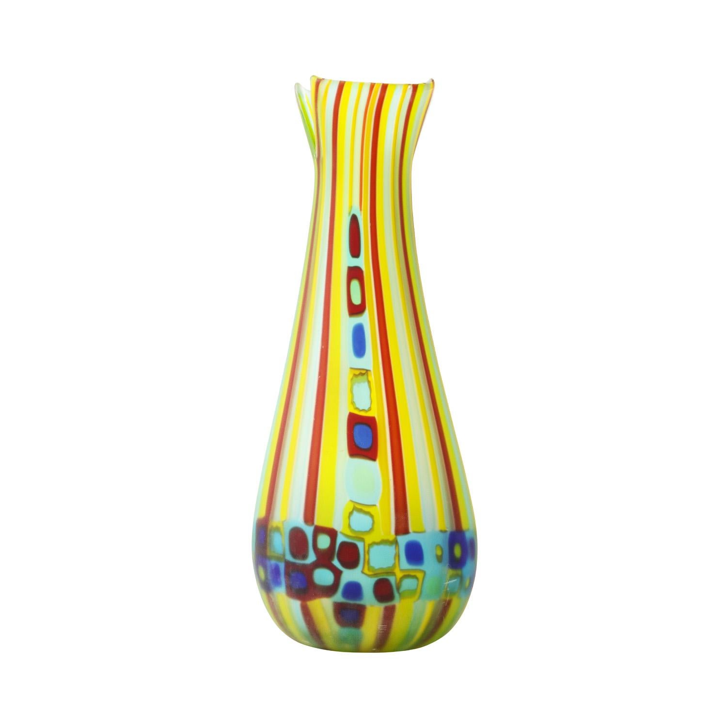 Rare and unique hand-blown glass vase with multicolor murrhines and rods with corroso finish by Anzolo Fuga for Arte Vetraria Muranese or A.V.E.M.. Murano Italy 1958-60. This is one of the only vases of its kind to feature the corroso finish. This