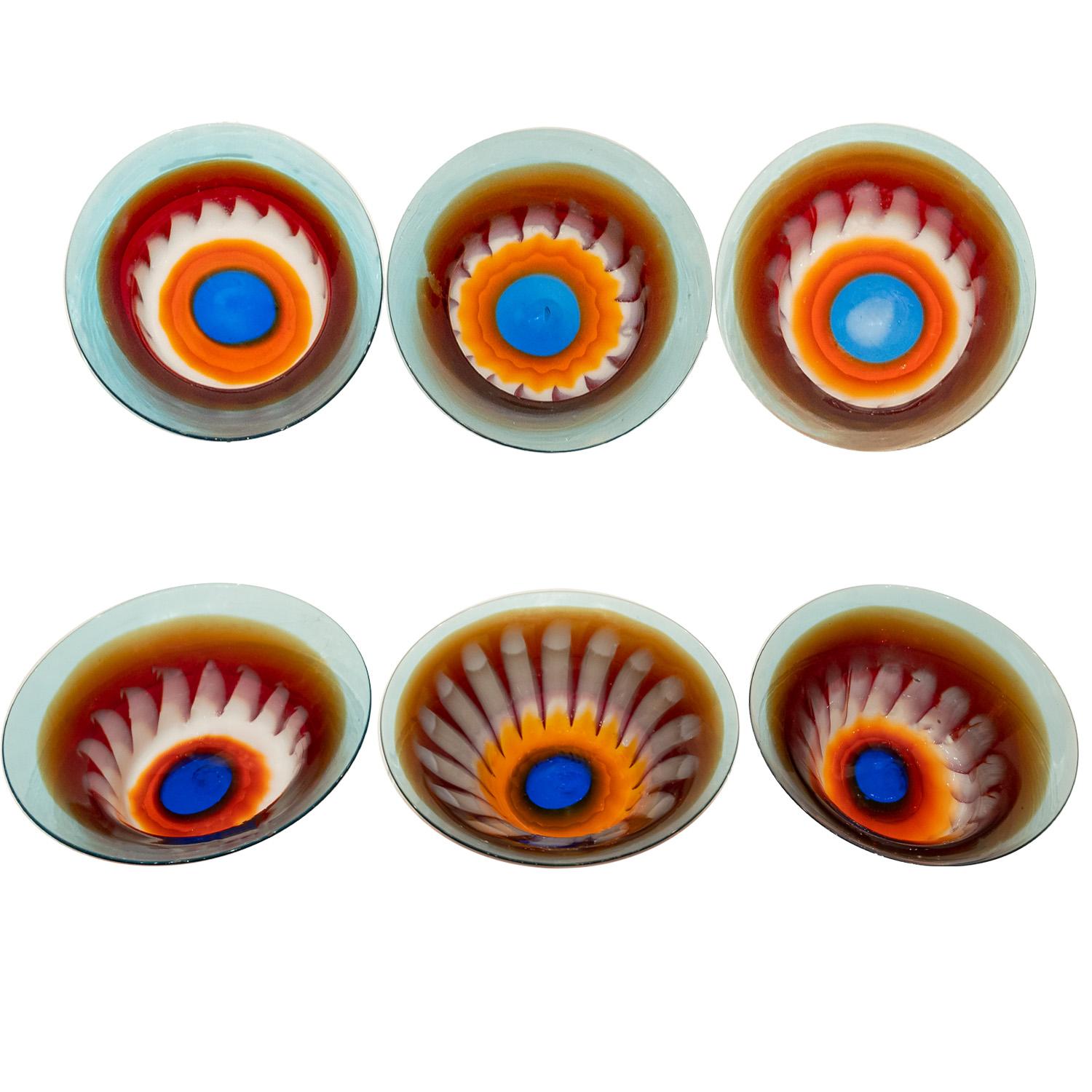 Rare set of 11 Astrale hand-blown plates/shallow bowls with unique large complex murrhine at bottom by Anzolo Fuga for Arte Vetraria Muranese (A.V.E.M.), Italy early-1960's. This set includes 6 plates and 4 shallow bowls and 1 smaller plate that