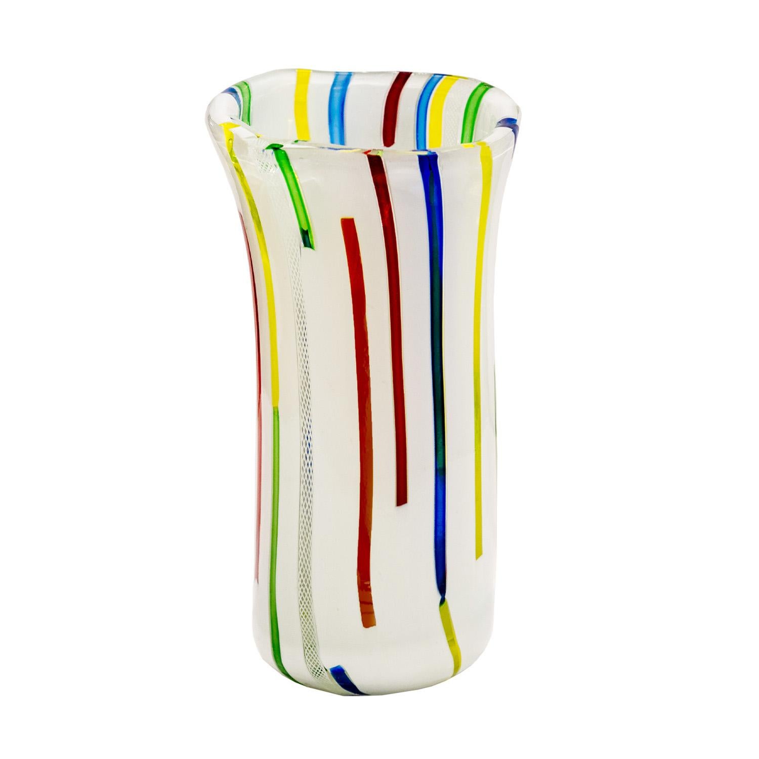 Hand-blown vase with vertical rods by Anzolo Fuga for AVEM (Arte Vetraria Muranese), Murano Italy, 1955-6.  The colorful rods interspersed among the white rods creates a very striking design.

Literature:  
Anzolo Fuga, Murano Glass Artist, Designs