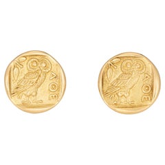 AOE Owl Earrings Vintage 18k Yellow Gold Round Studs Athena's Owl Lucky Charm