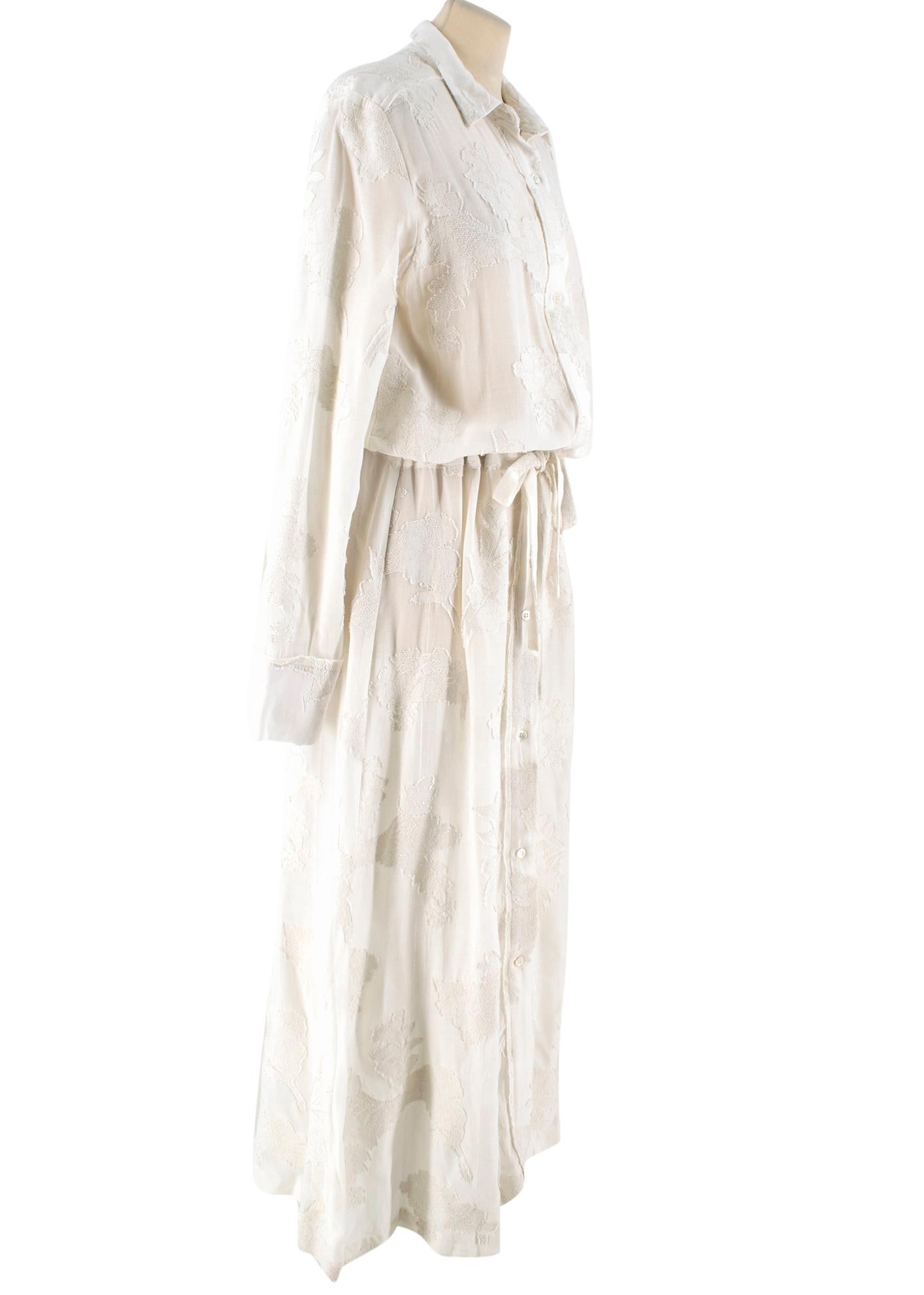 A.O.T.C. White Fil Coupe Maxi Dress

- White maxi dress
- Mid-weight
- Fil coupe 
- Pointed collar
- Centre-front button fastening
- Long sleeved, buttoned cuffs
- Drawstring waist
- 87% viscose, 12% cotton and 1% polyester.

Please note, these