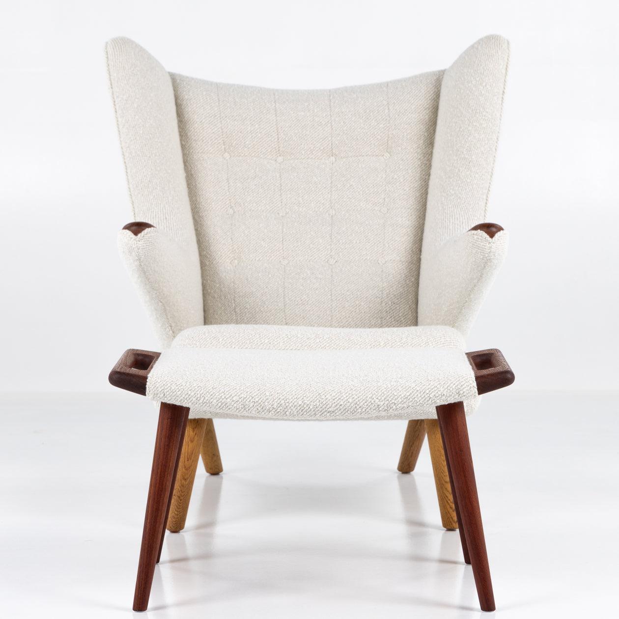 Patinated AP 19 - Papa Bear chair & stool in new fabric by Hans J. Wegner For Sale