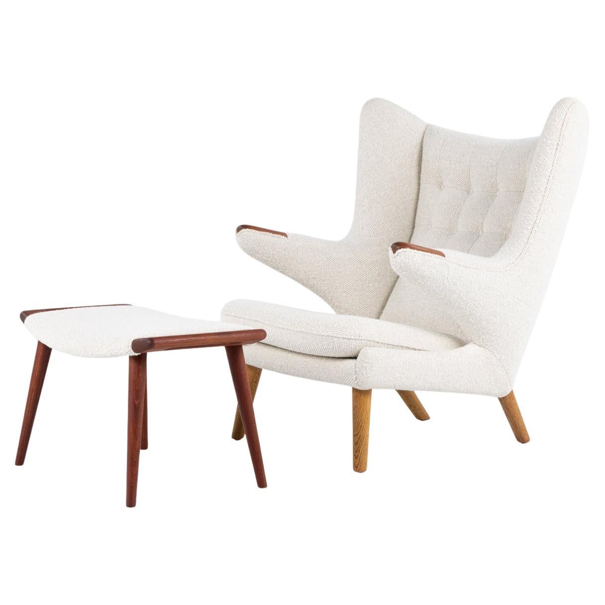 AP 19 - Papa Bear chair & stool in new fabric by Hans J. Wegner For Sale