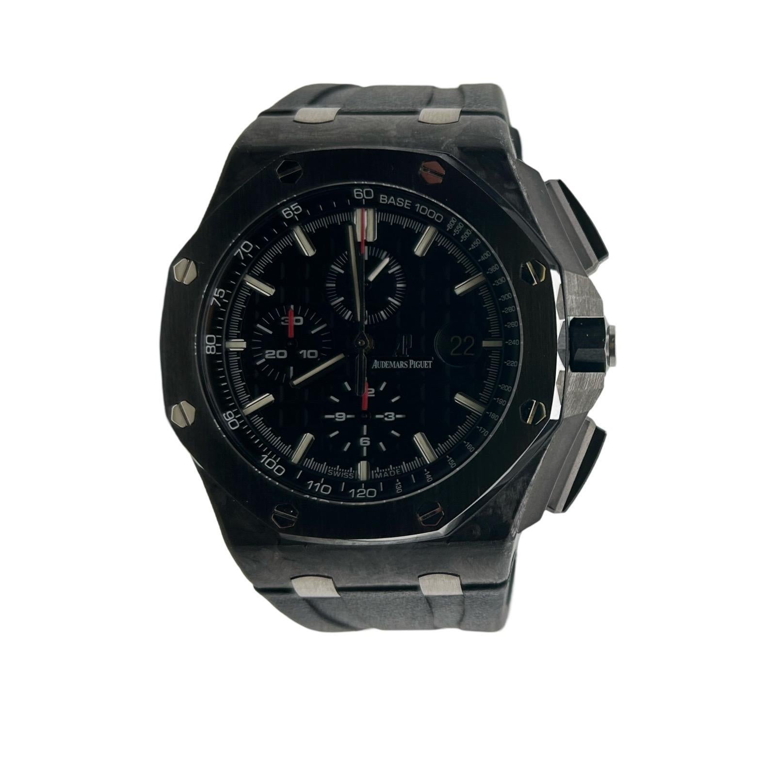The Audemars Piguet Royal Oak Offshore 26400AU.OO.A002CA.01 is a bold and sophisticated timepiece that stands out within the renowned Royal Oak Offshore collection. This model features a 44mm carbon case, showcasing the brand's exceptional