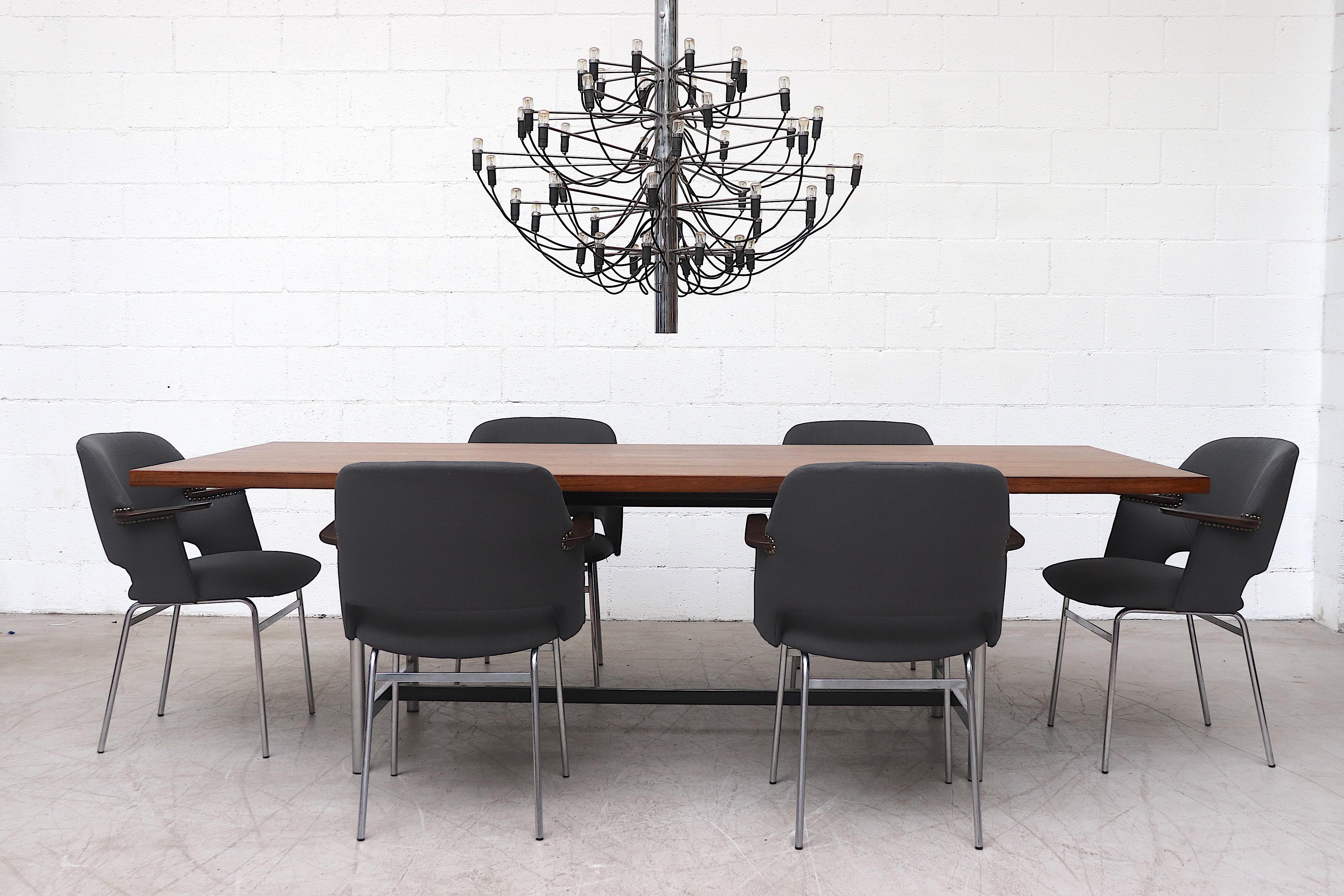 Gorgeous extra 0long A.P. Originals dark stained pecan conference or dining table with chrome and steel frame. Lightly refinished top with frame in original condition with minimal wear. Shot with set of 6 Pastoe FT30 dining chairs (S011 GR6) and