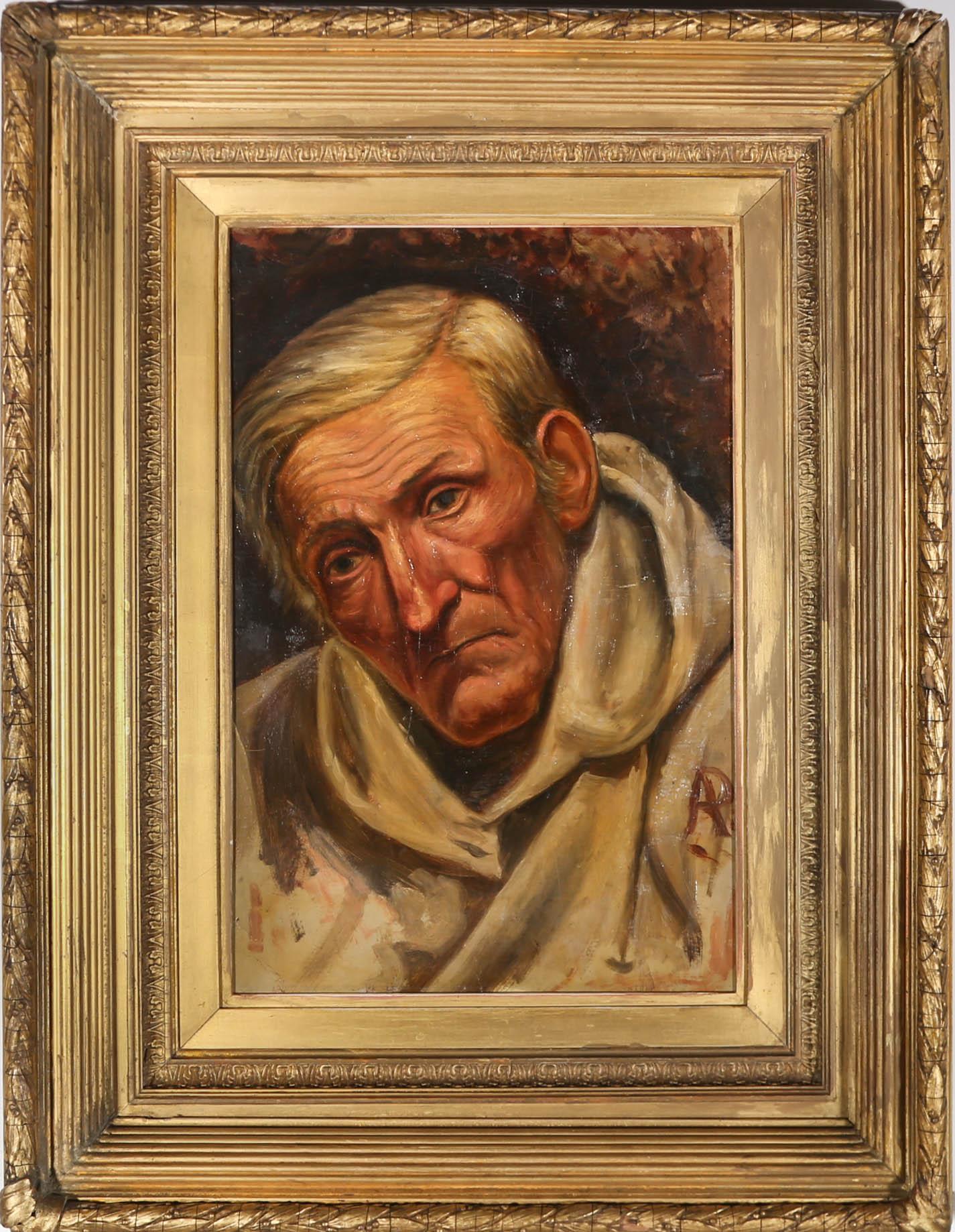 A striking 19th Century oil portrait of a distinctive and stern looking monk in a white robe. The artist has monogrammed to the right edge and the painting has been handsomely presented in a 19th Century gilt frame with laurel and berry molding,