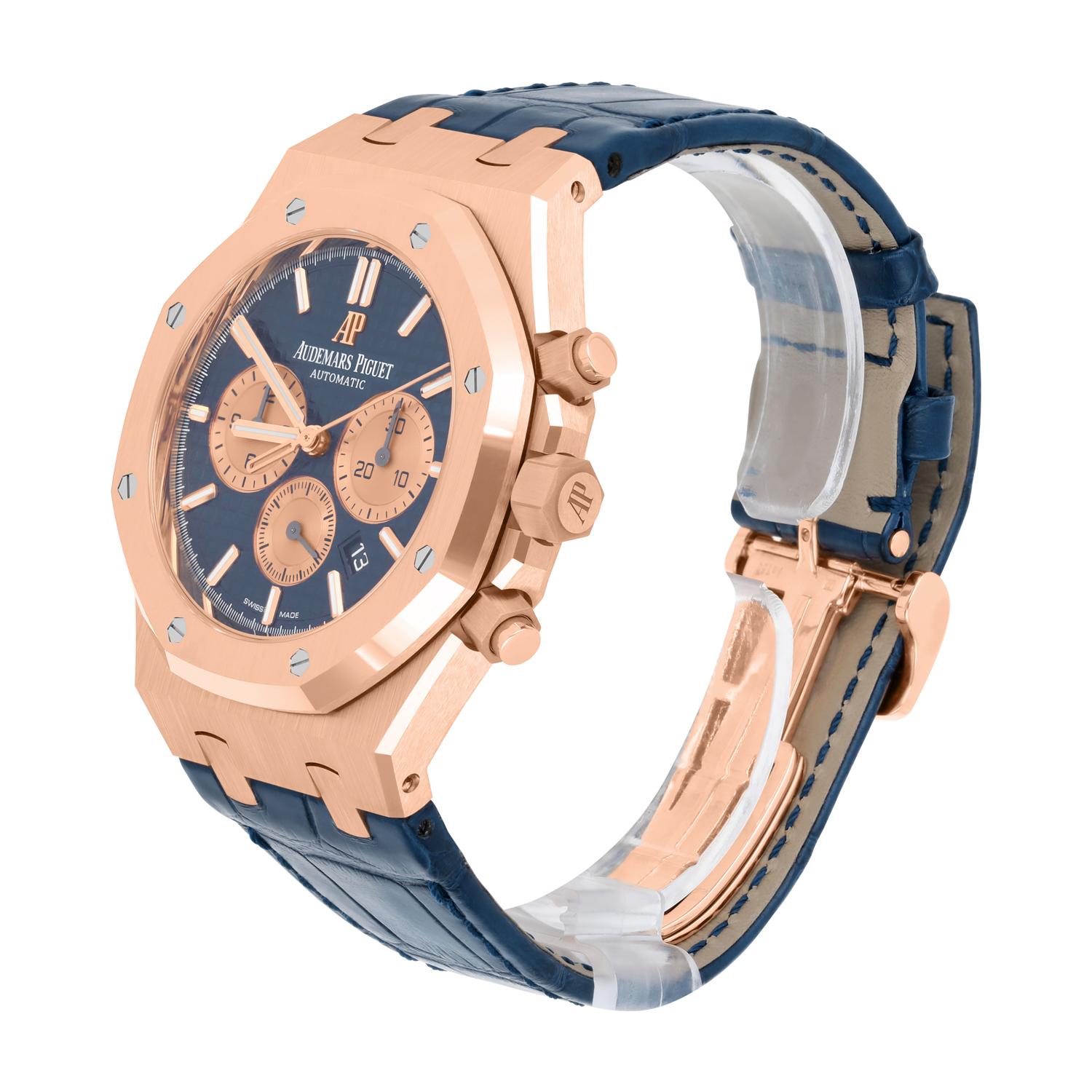 AP Royal Oak 41mm 18kt Rose Gold Blue Boutique Chronograph 26331OR.OO.D315CR.01 In New Condition For Sale In New York, NY