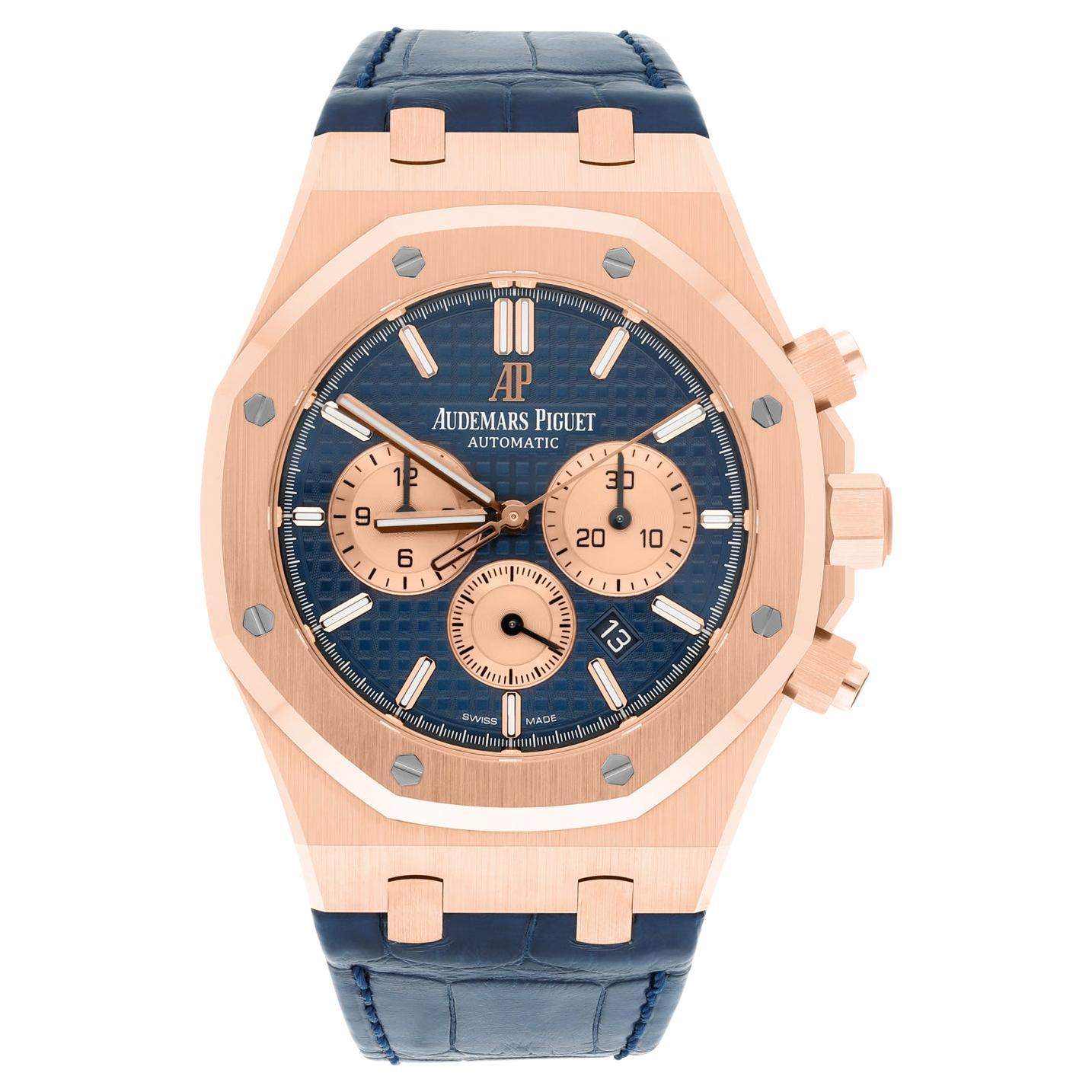 Truly unworn piece, has never been worn or polished. 18kt rose gold case with a blue alligator leather strap. 8 screws fixed 18kt rose gold bezel. Blue grande tapisserie dial with rose gold-tone hands and index hour markers. Dial Type: Analog. Date