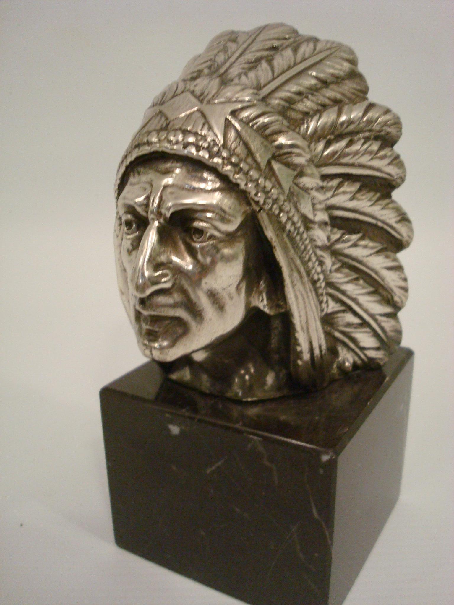 French Apache Indian Chief Head Car Mascot, Hood Ornament / Paperweight, France, 1925 For Sale