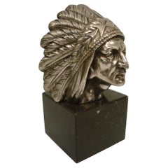 Antique Apache Indian Chief Head Car Mascot, Hood Ornament / Paperweight, France, 1925