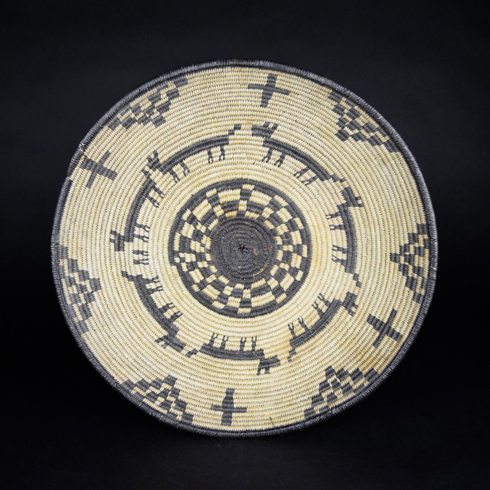 Apache pictorial tray with seven dogs and four crosses.

Period: Last quarter of the 19th century

Origin: Apache

Size: 12