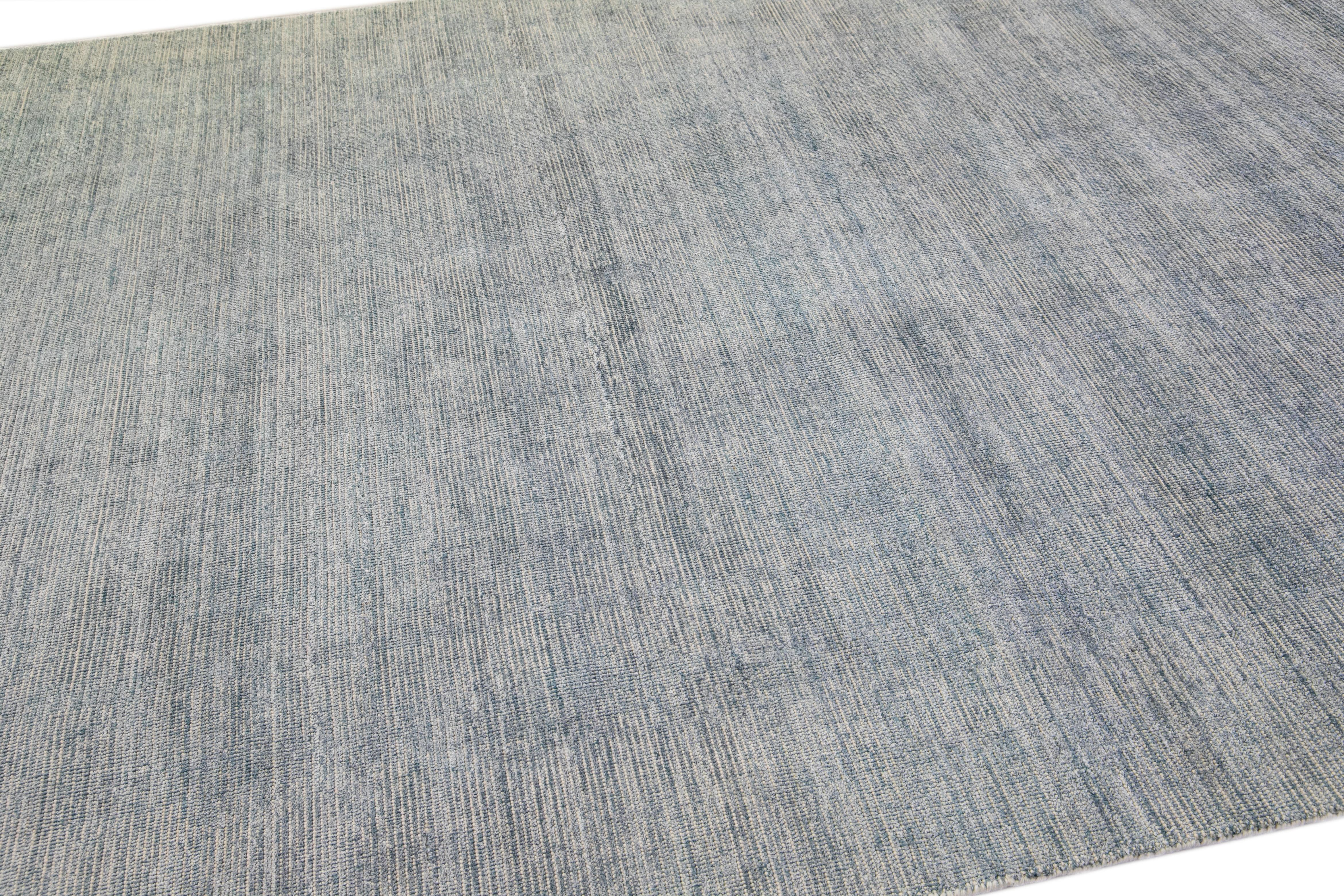 Modern Apadana's Groove Bamboo/Silk Handmade Blue And Gray Rug In New Condition For Sale In Norwalk, CT