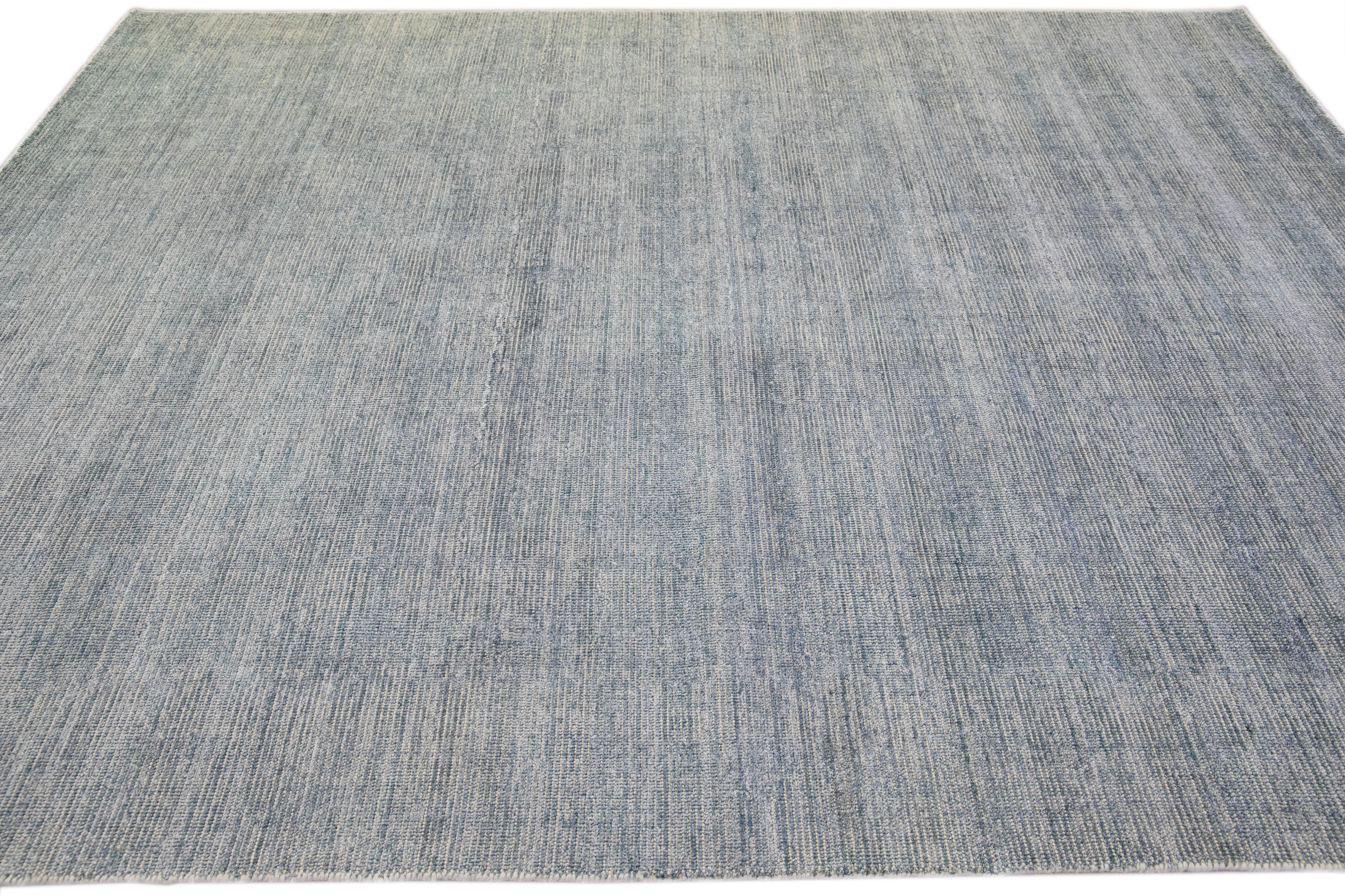 Contemporary Modern Apadana's Groove Bamboo/Silk Handmade Blue And Gray Rug For Sale