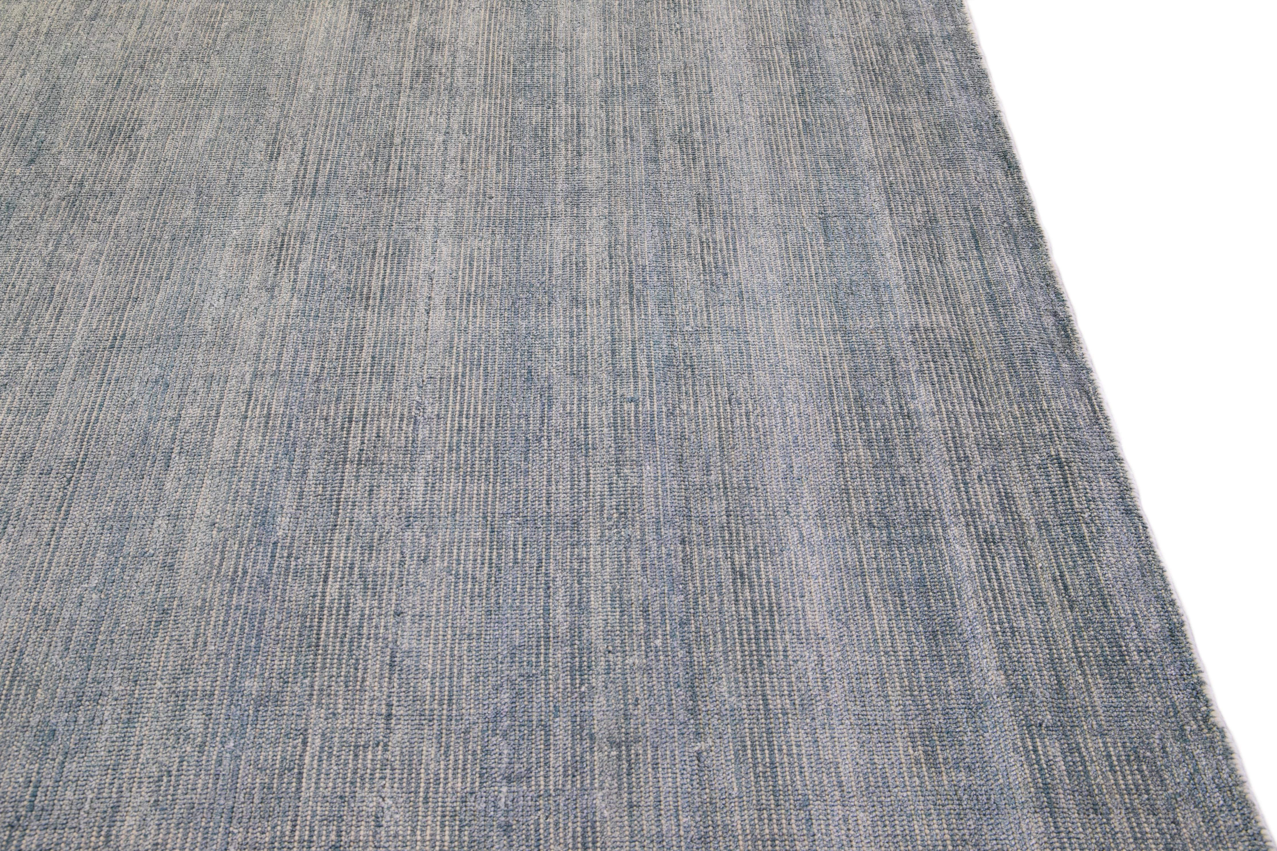 Wool Modern Apadana's Groove Bamboo/Silk Handmade Blue And Gray Rug For Sale