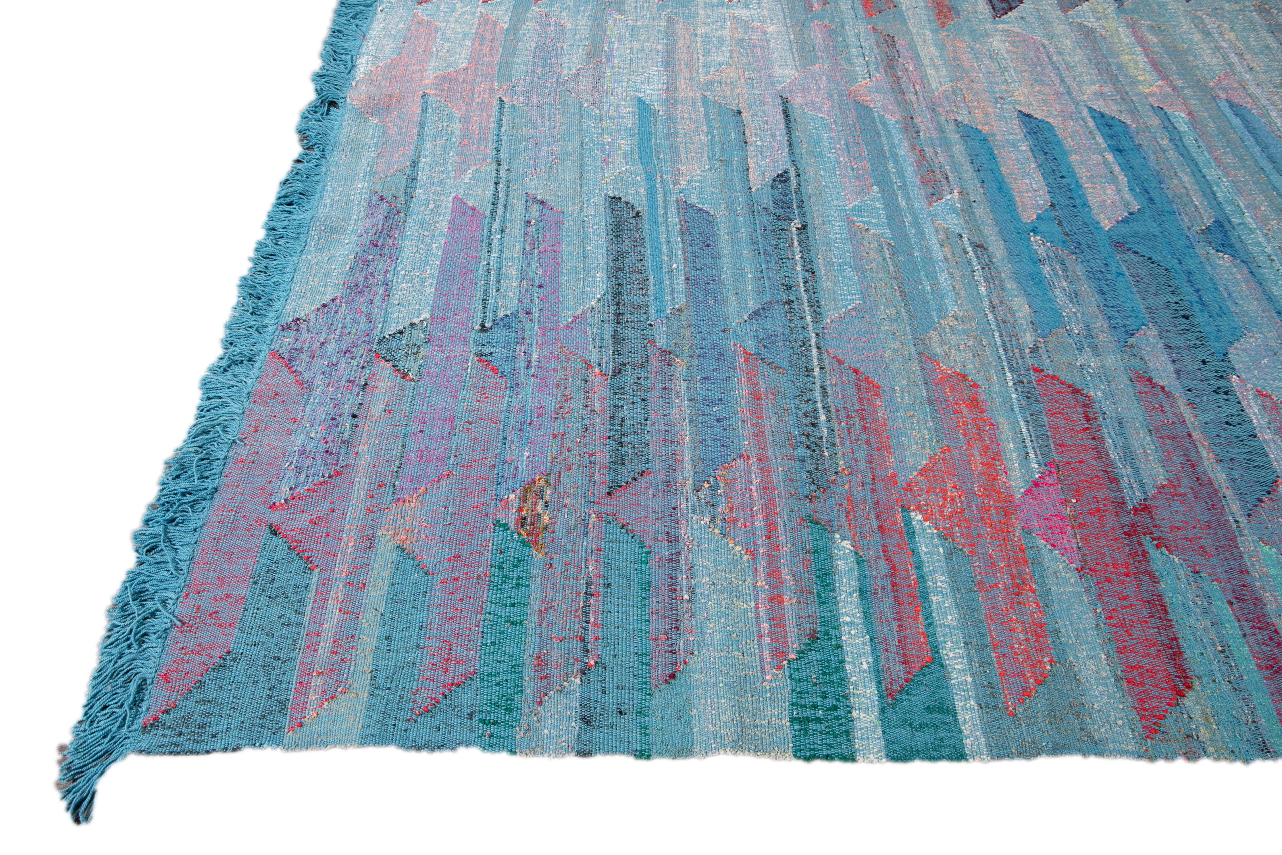 Hand-Knotted Apadana Modern Kilim Blue Handmade Geometric Wool Rug For Sale