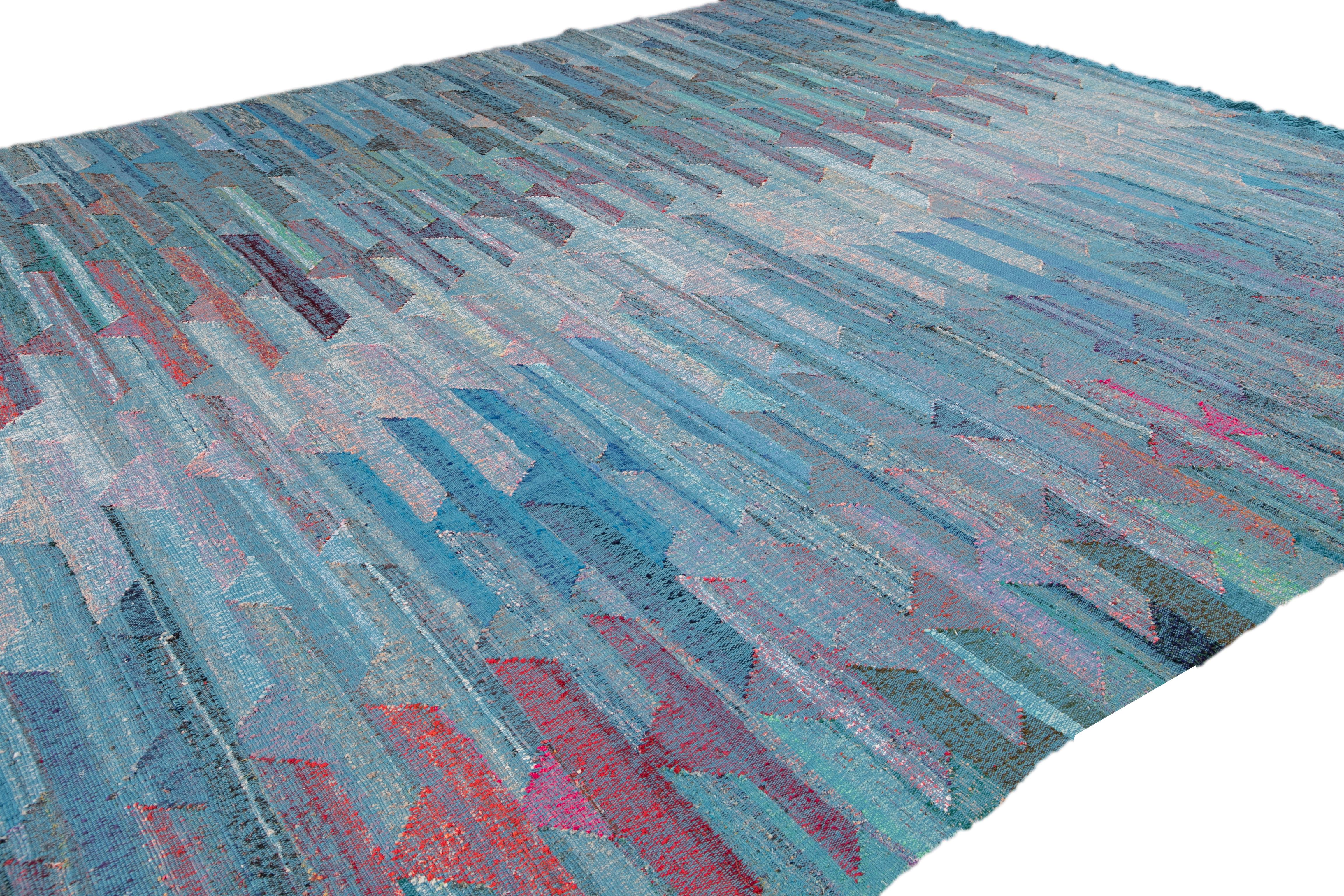 Apadana Modern Kilim Blue Handmade Geometric Wool Rug In New Condition For Sale In Norwalk, CT