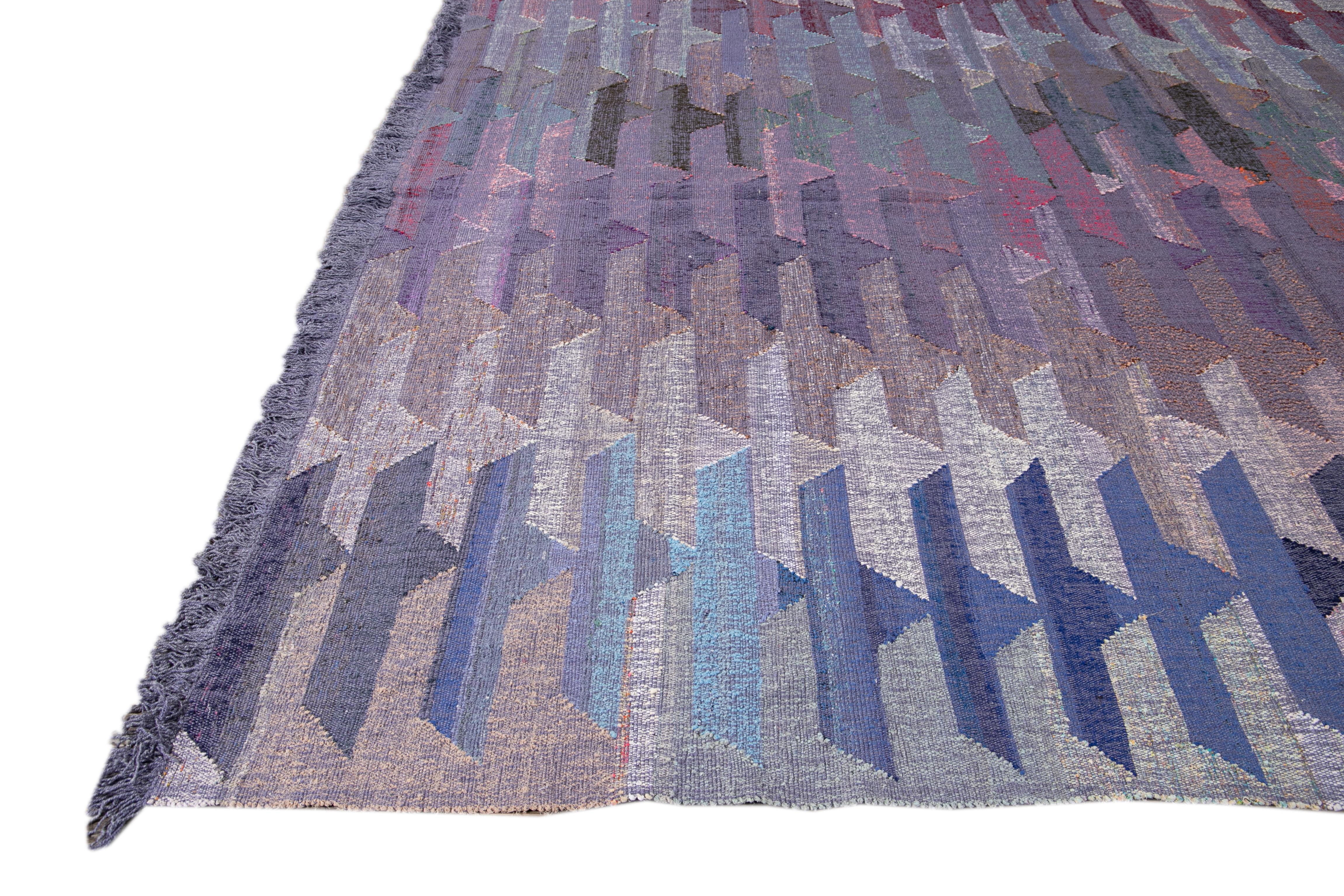 Hand-Knotted Apadana Modern Kilim Purple Handmade Abstract Wool Rug For Sale