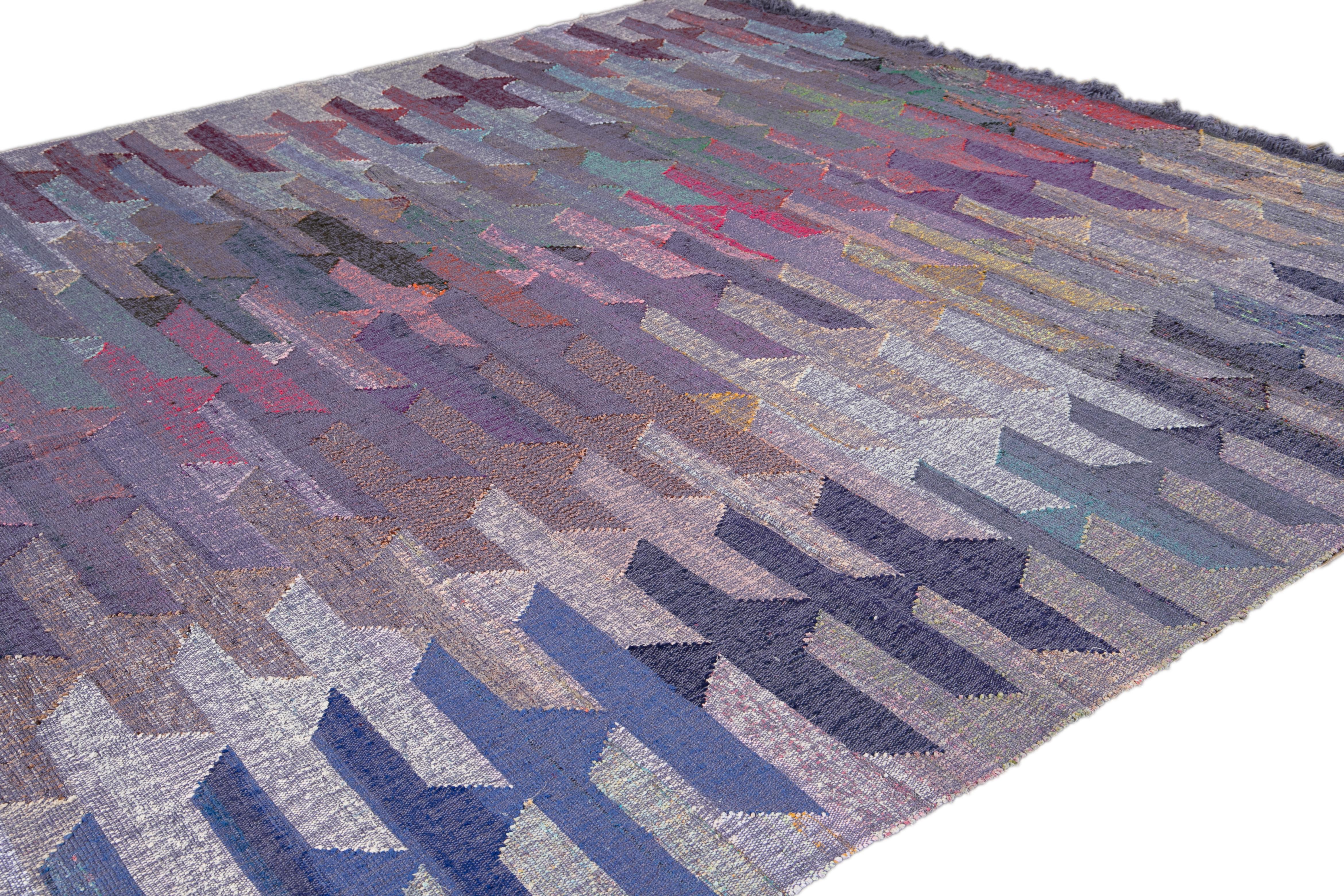 Apadana Modern Kilim Purple Handmade Abstract Wool Rug In New Condition For Sale In Norwalk, CT