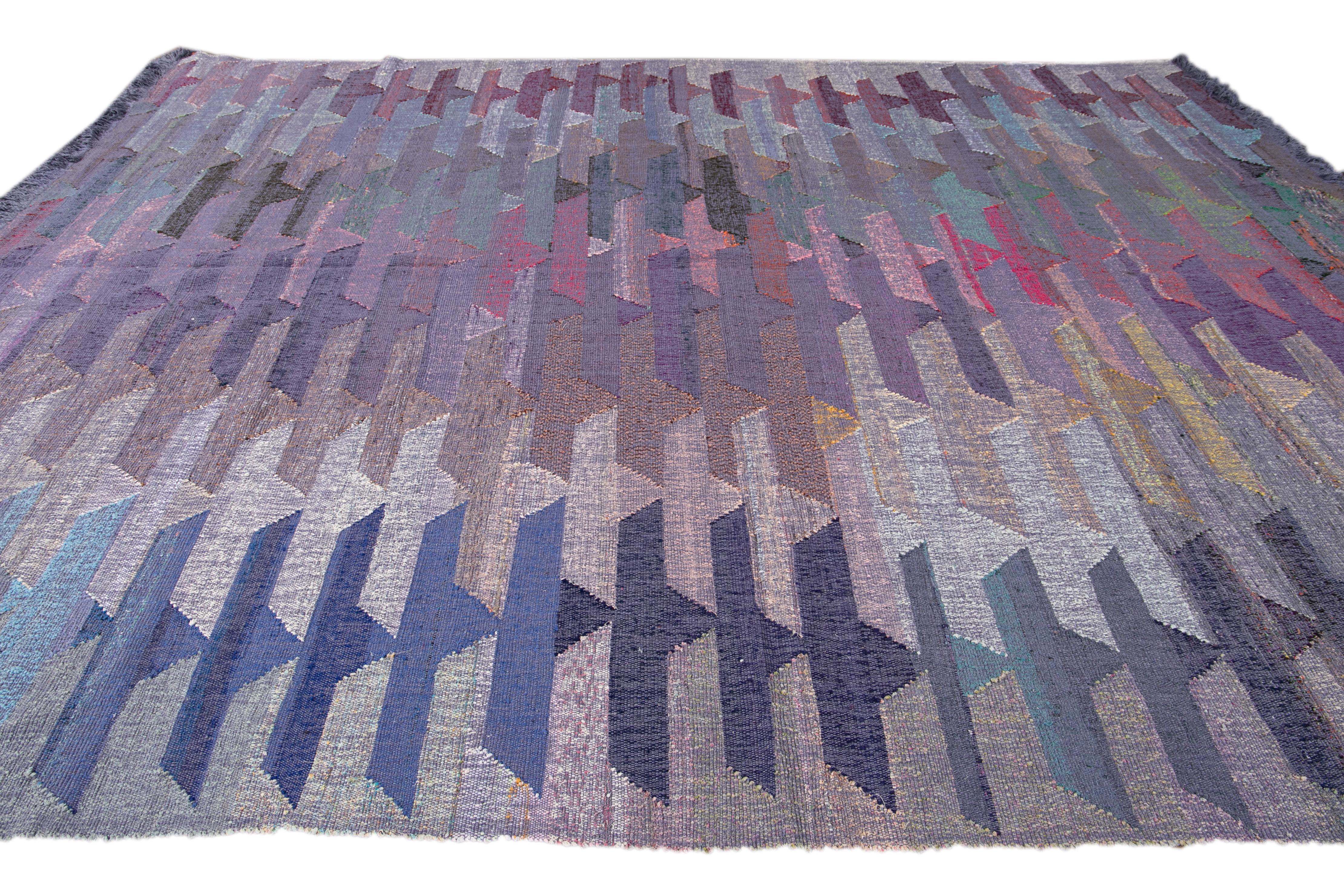 Contemporary Apadana Modern Kilim Purple Handmade Abstract Wool Rug For Sale