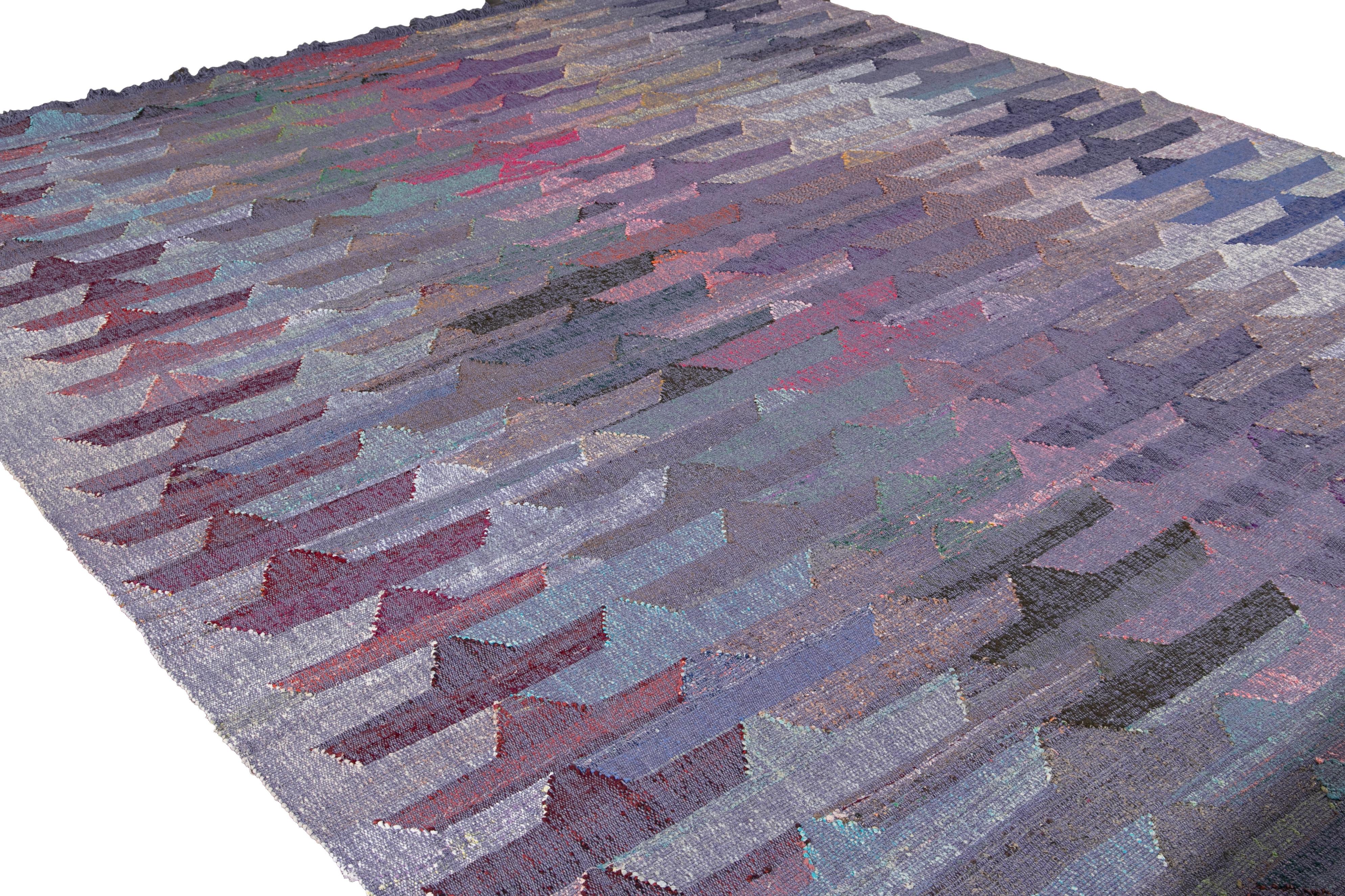 Apadana Modern Kilim Purple Handmade Abstract Wool Rug For Sale 1