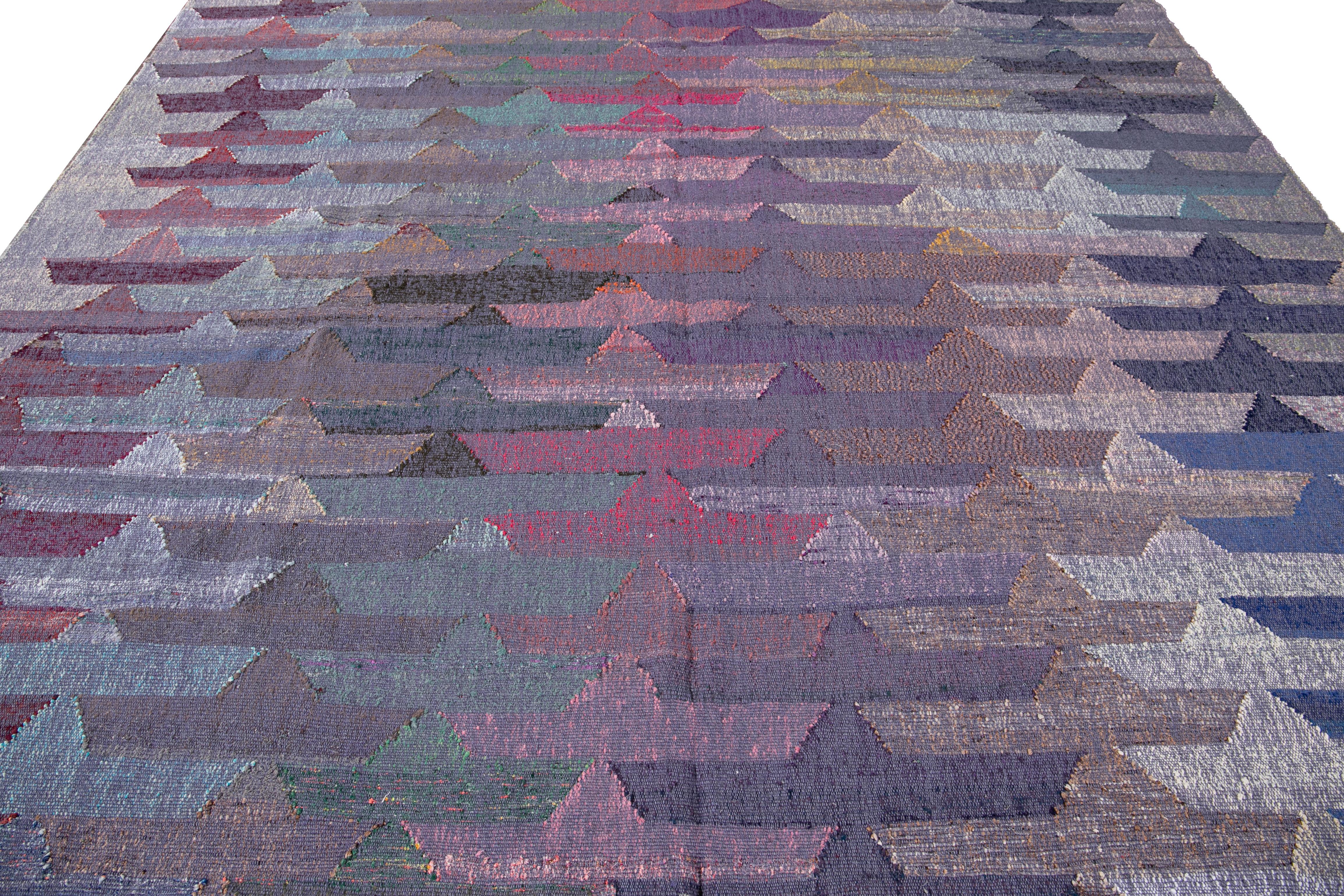 Apadana Modern Kilim Purple Handmade Abstract Wool Rug For Sale 2