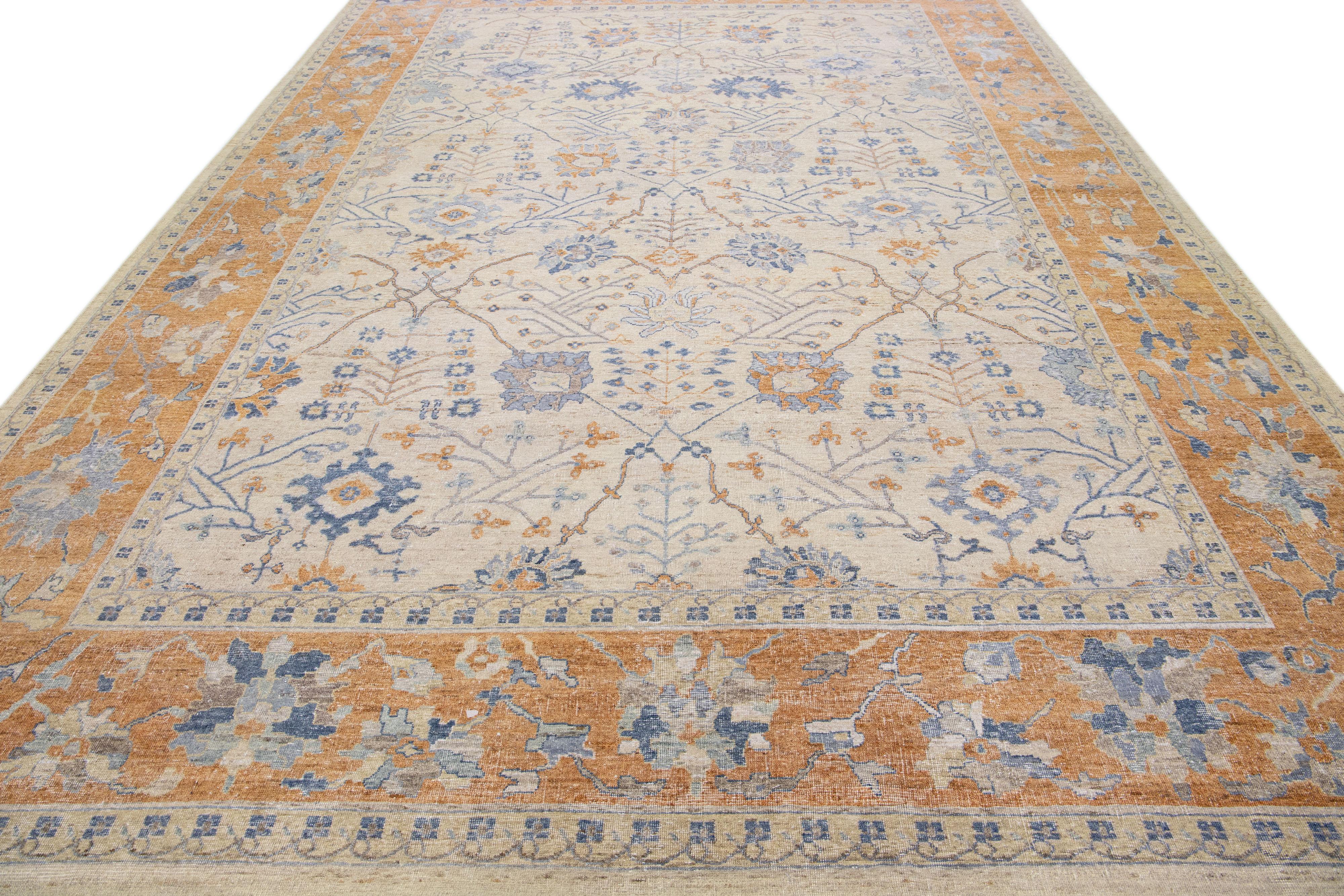 Modern Apadana's Artisan Collection Beige and Orange Handmade Designed Wool Rug For Sale