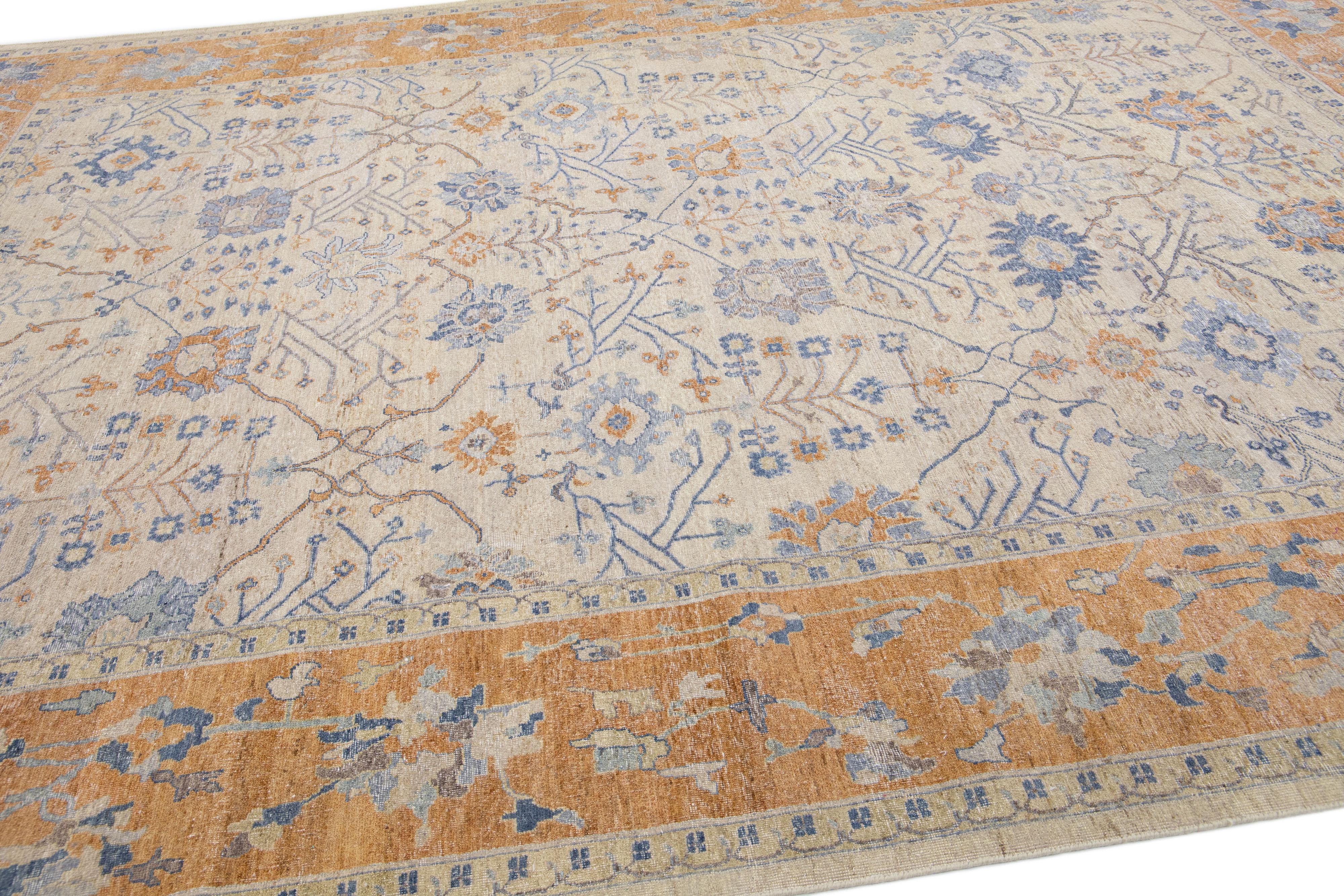 Hand-Knotted Apadana's Artisan Collection Beige and Orange Handmade Designed Wool Rug For Sale