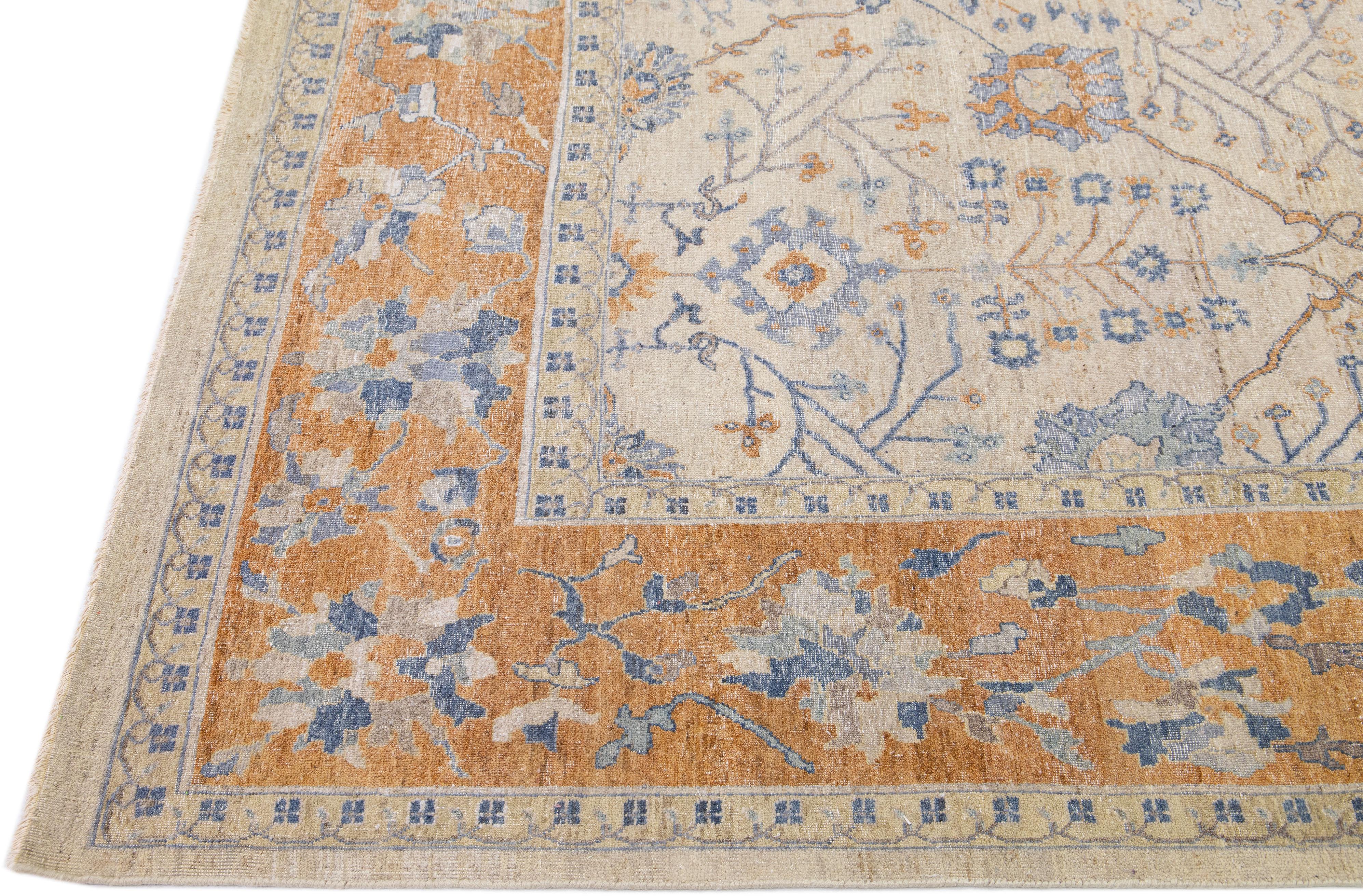 Apadana's Artisan Collection Beige and Orange Handmade Designed Wool Rug In New Condition For Sale In Norwalk, CT