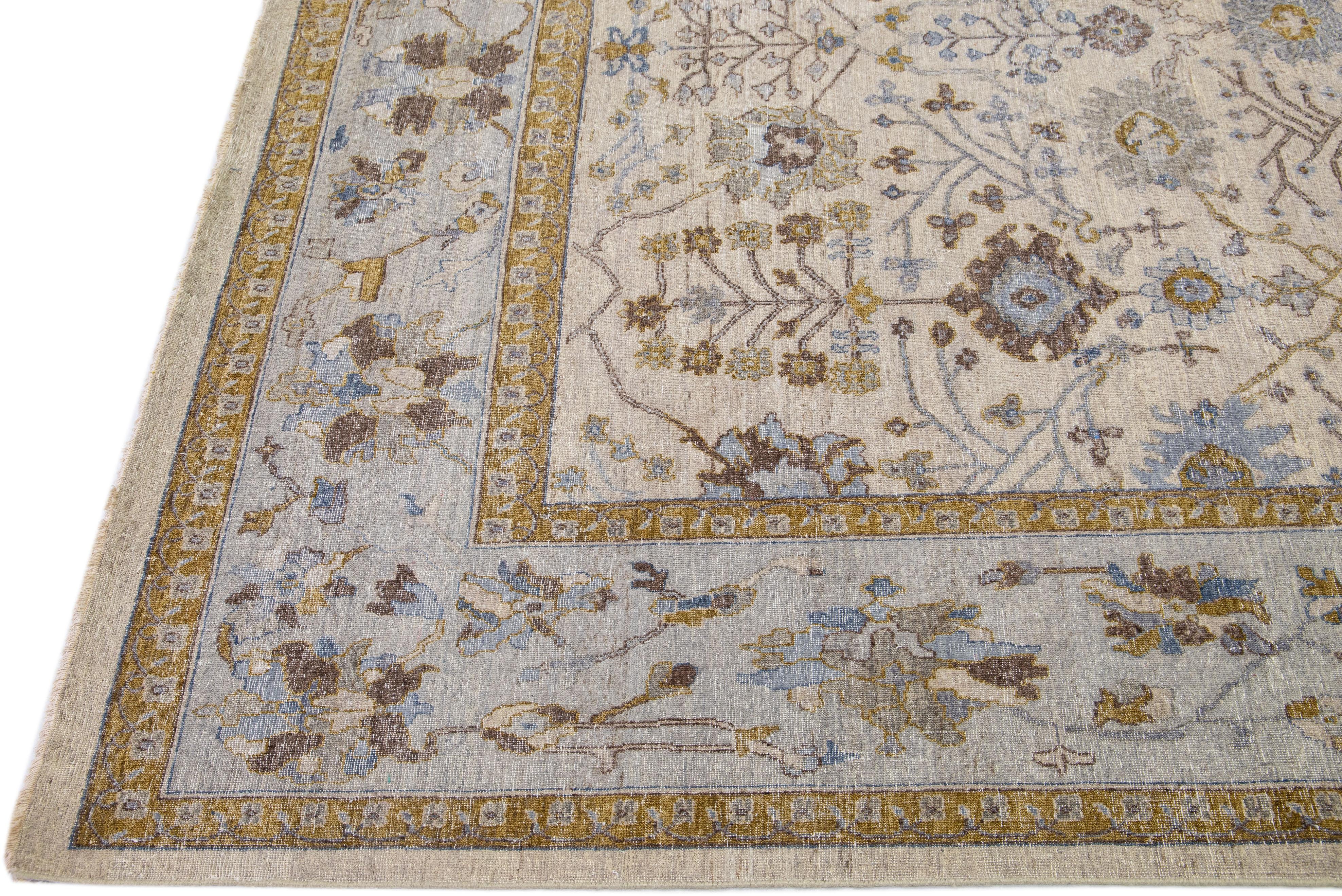 Hand-Knotted Apadana's Artisan Collection Beige Handmade Floral Indian Wool Rug For Sale