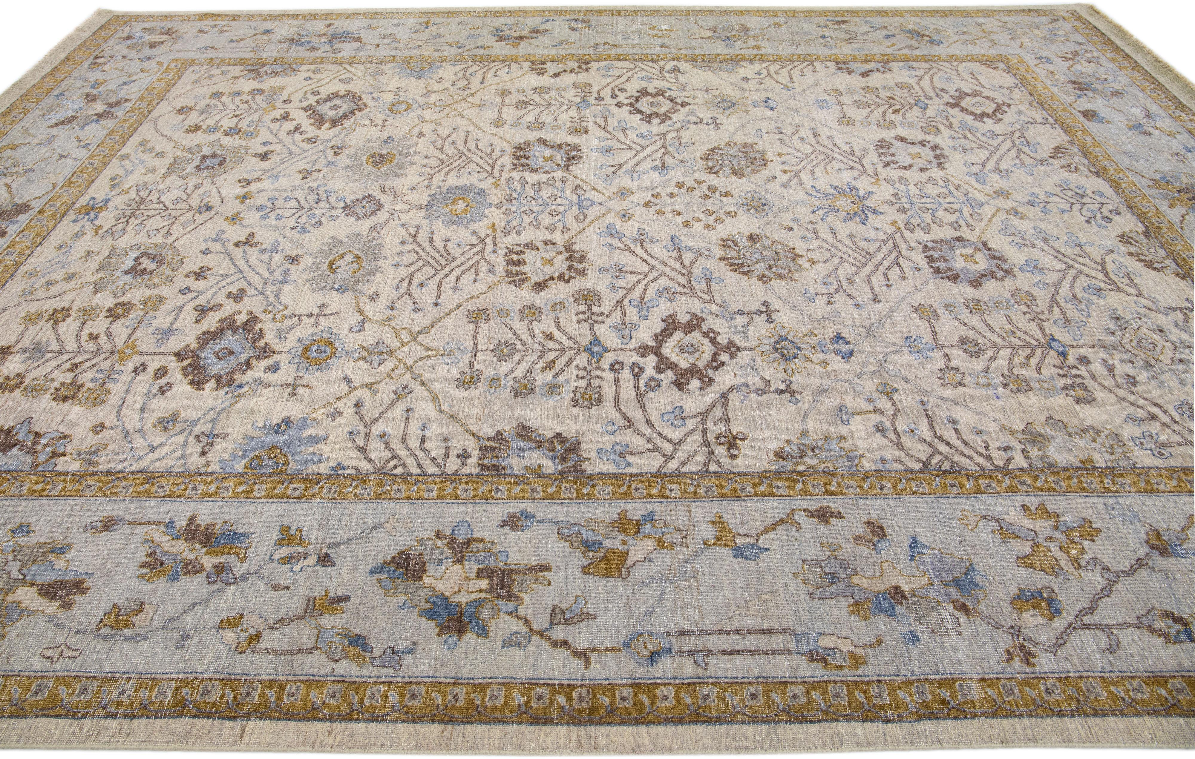 Apadana's Artisan Collection Beige Handmade Floral Indian Wool Rug In New Condition For Sale In Norwalk, CT
