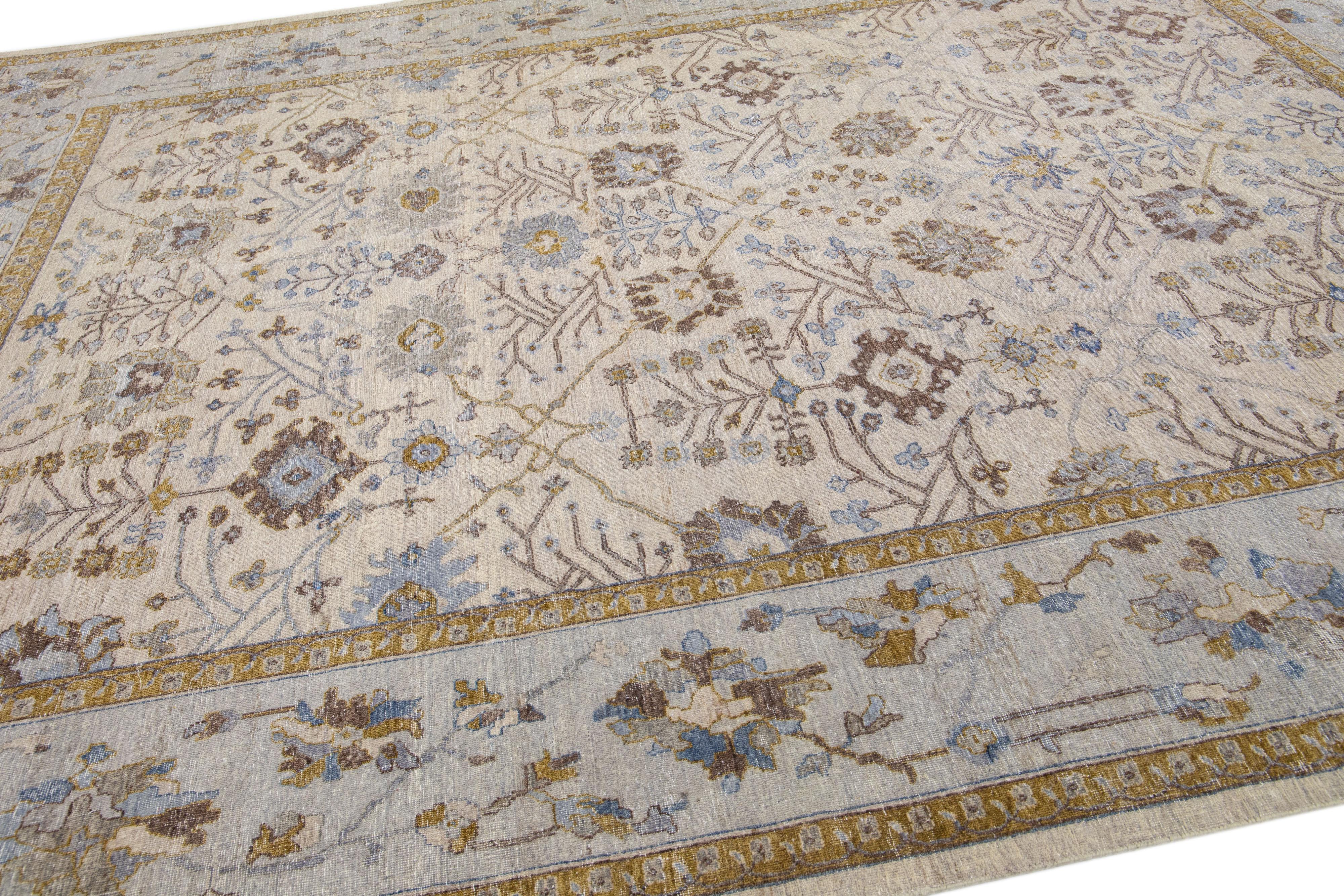 Contemporary Apadana's Artisan Collection Beige Handmade Floral Indian Wool Rug For Sale