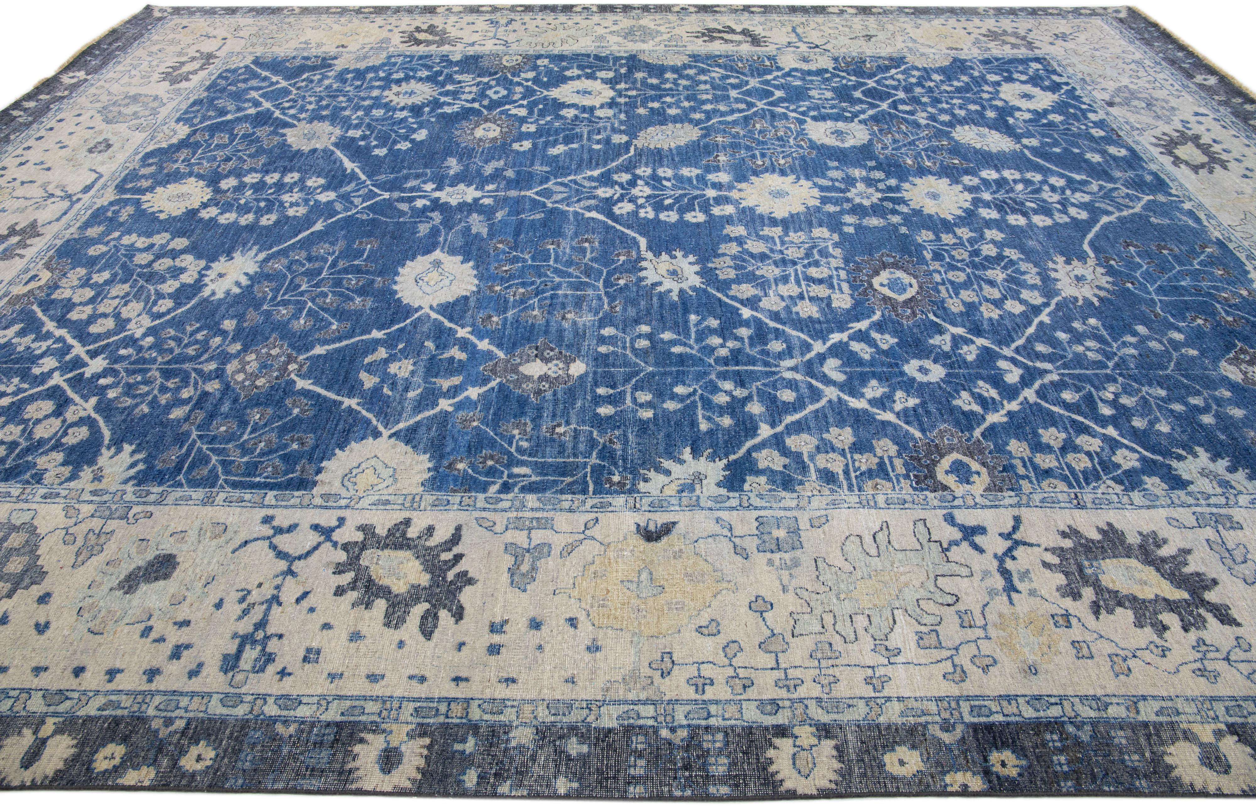 Contemporary Apadana's Artisan Collection Blue Handmade Floral Indian Wool Rug For Sale