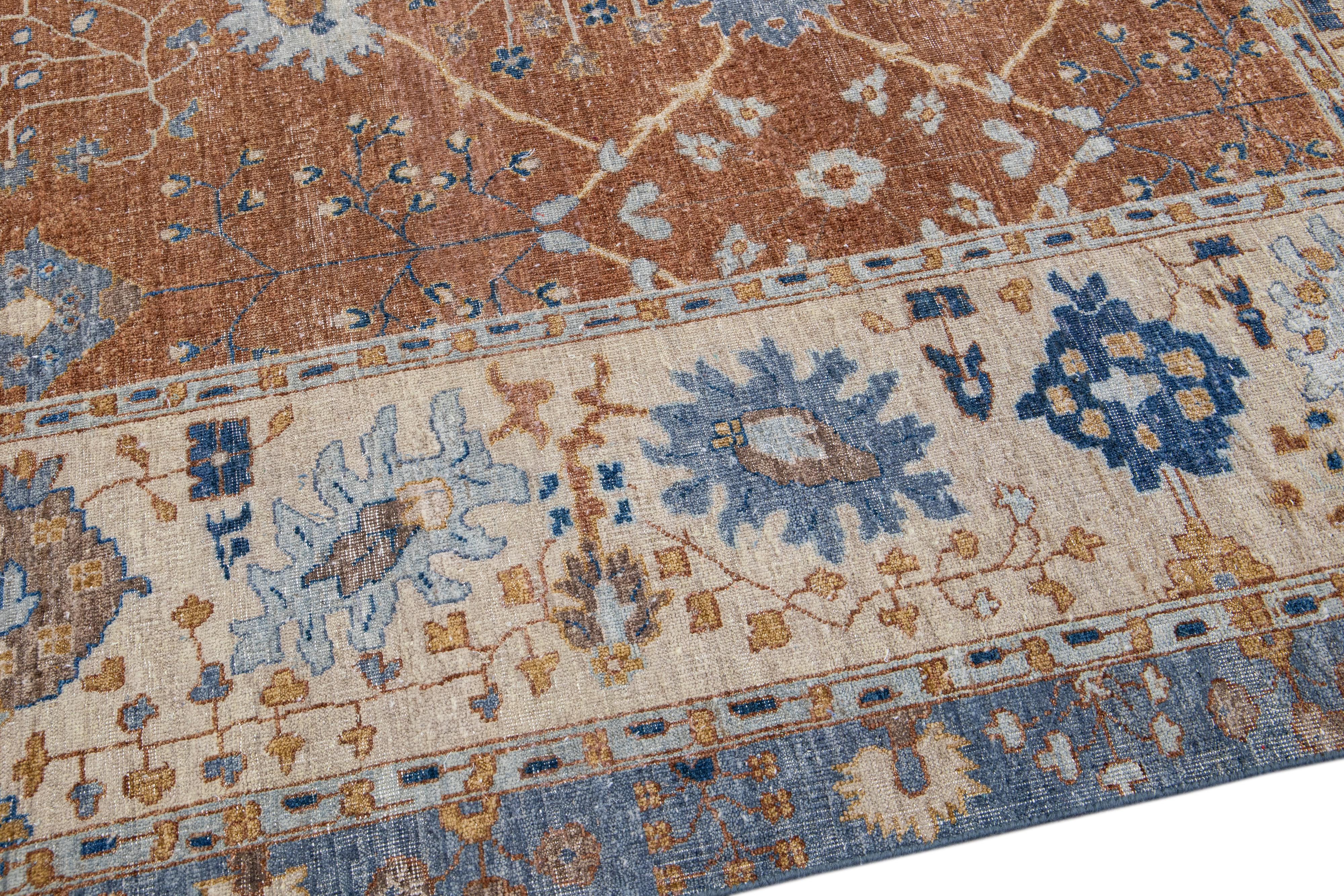 Apadana's Artisan Collection Brown Handmade Floral Pattern Wool Rug In New Condition For Sale In Norwalk, CT