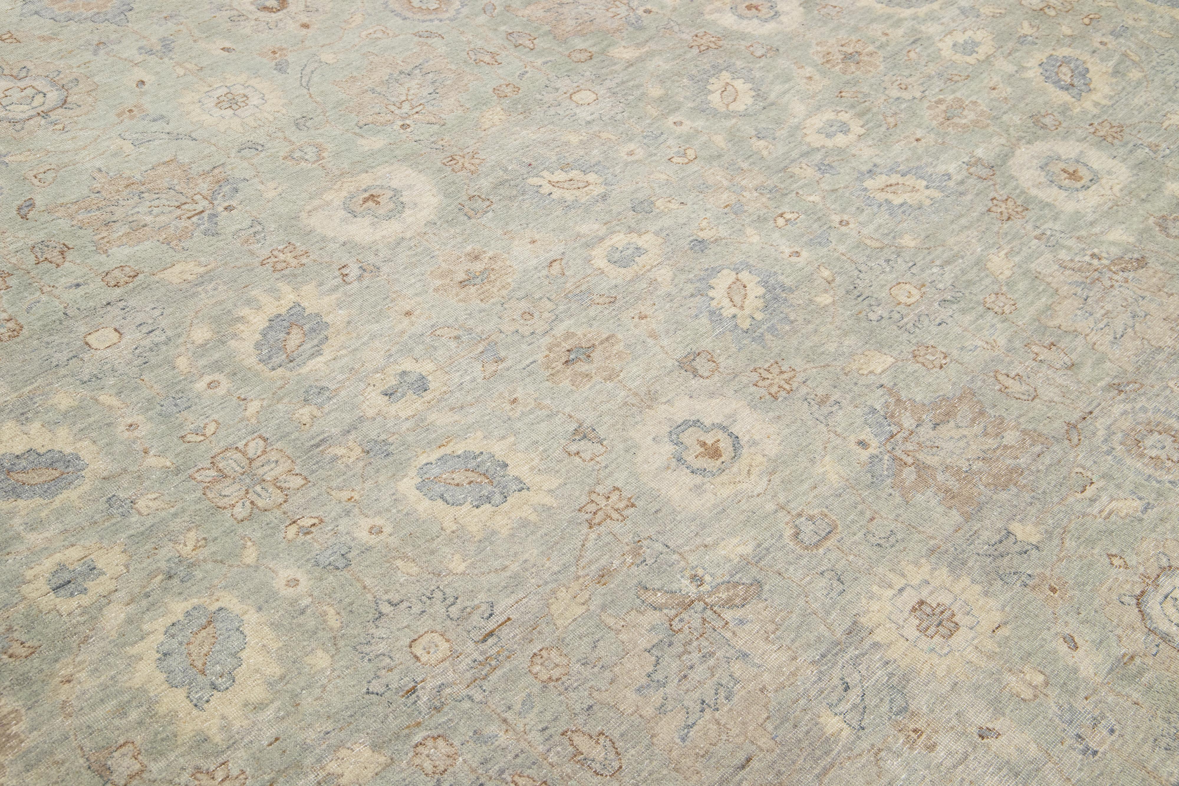 Apadana's Artisan Collection Gray Handmade Floral Indian Wool Rug For Sale 4