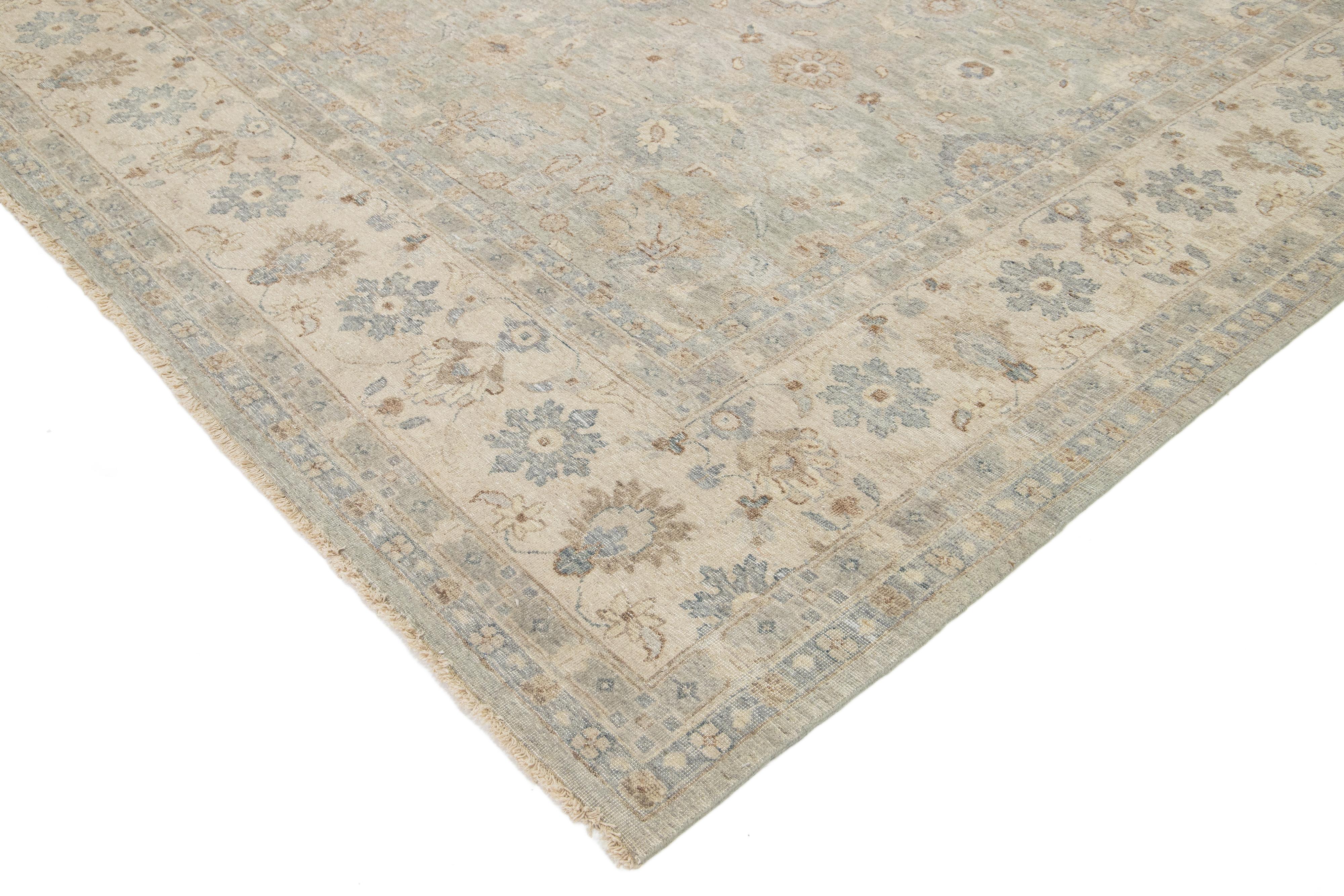 Apadana's Artisan Collection Gray Handmade Floral Indian Wool Rug For Sale 5