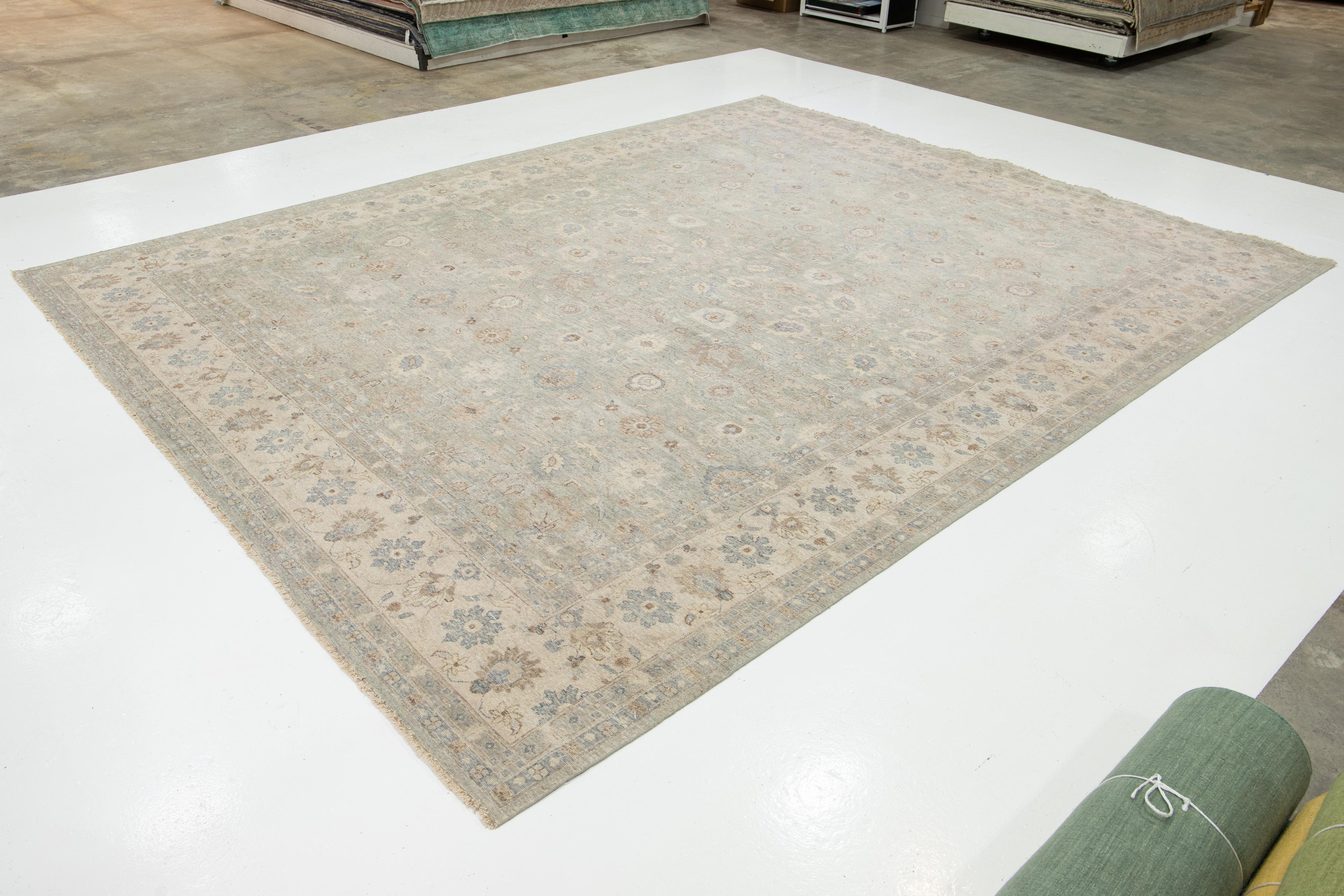 Modern Apadana's Artisan Collection Gray Handmade Floral Indian Wool Rug For Sale