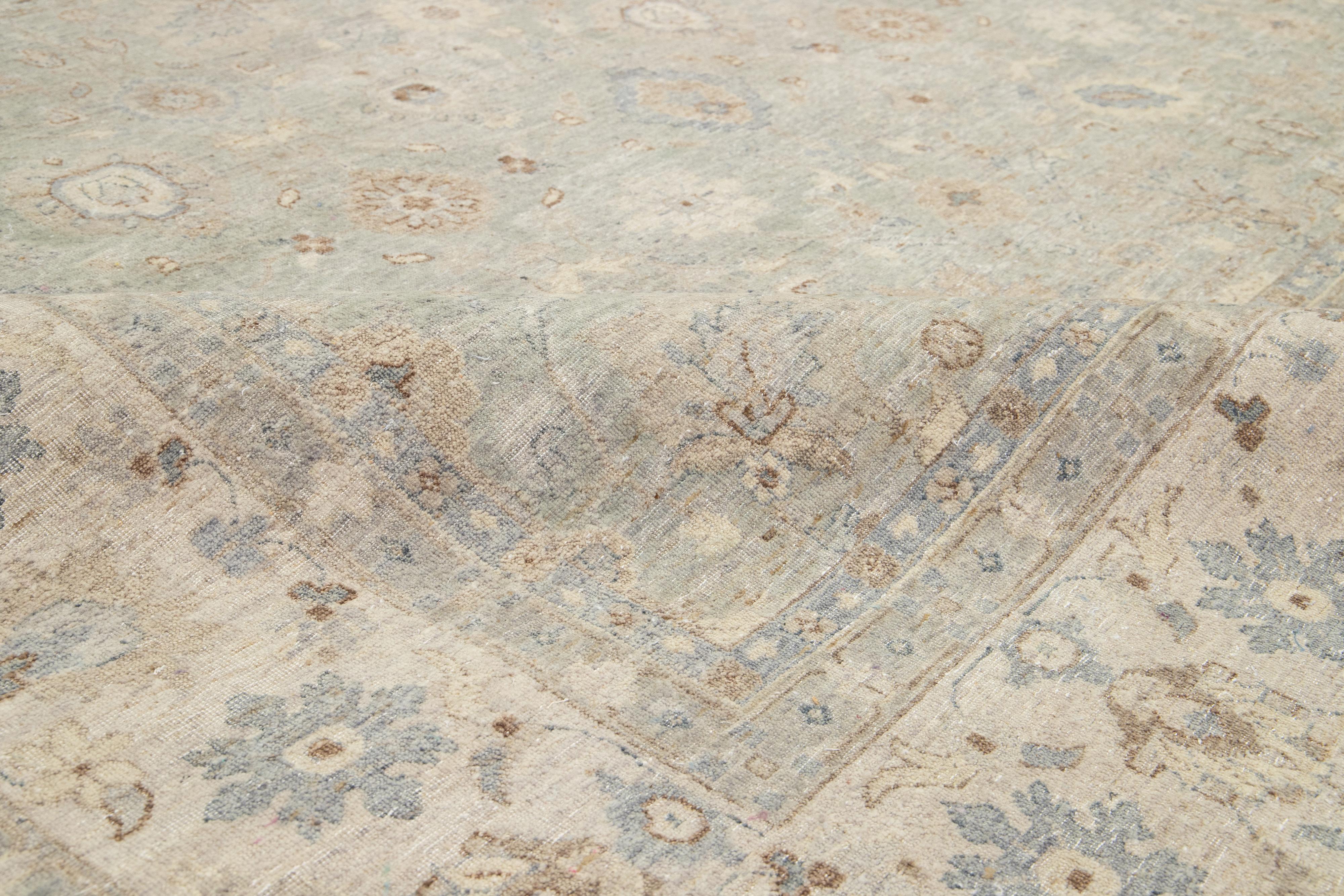 Contemporary Apadana's Artisan Collection Gray Handmade Floral Indian Wool Rug For Sale