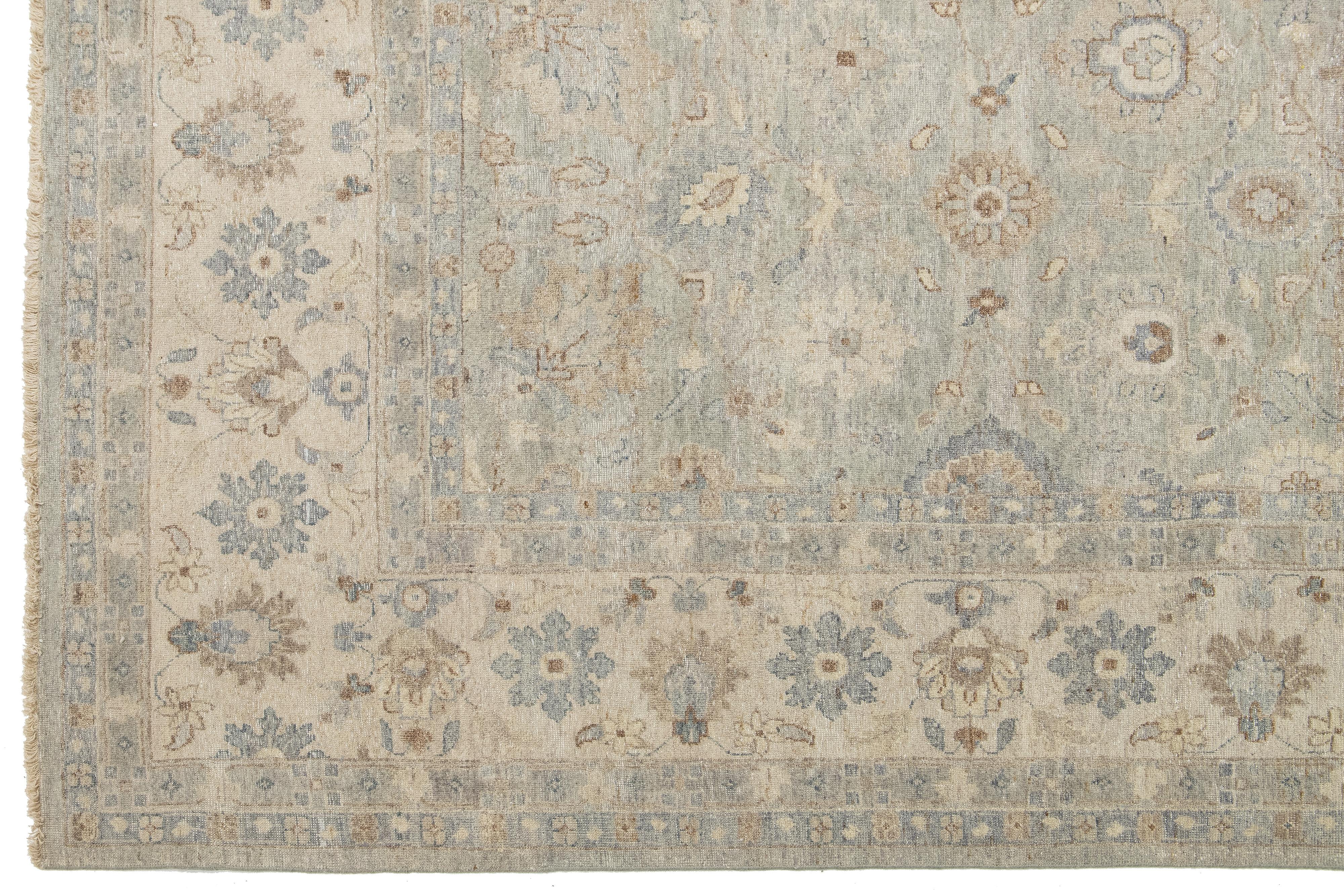Apadana's Artisan Collection Gray Handmade Floral Indian Wool Rug For Sale 2