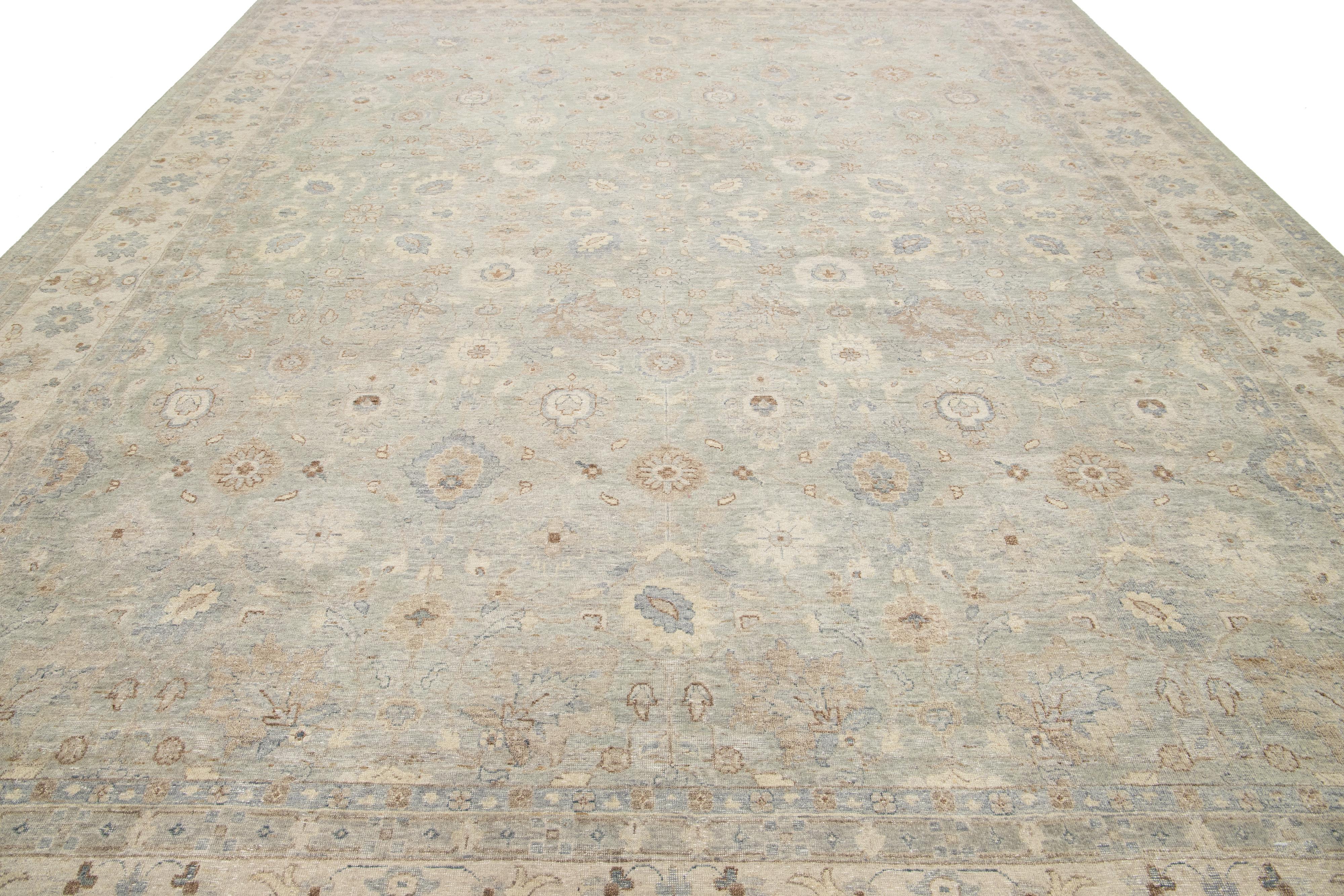 Apadana's Artisan Collection Gray Handmade Floral Indian Wool Rug For Sale 3