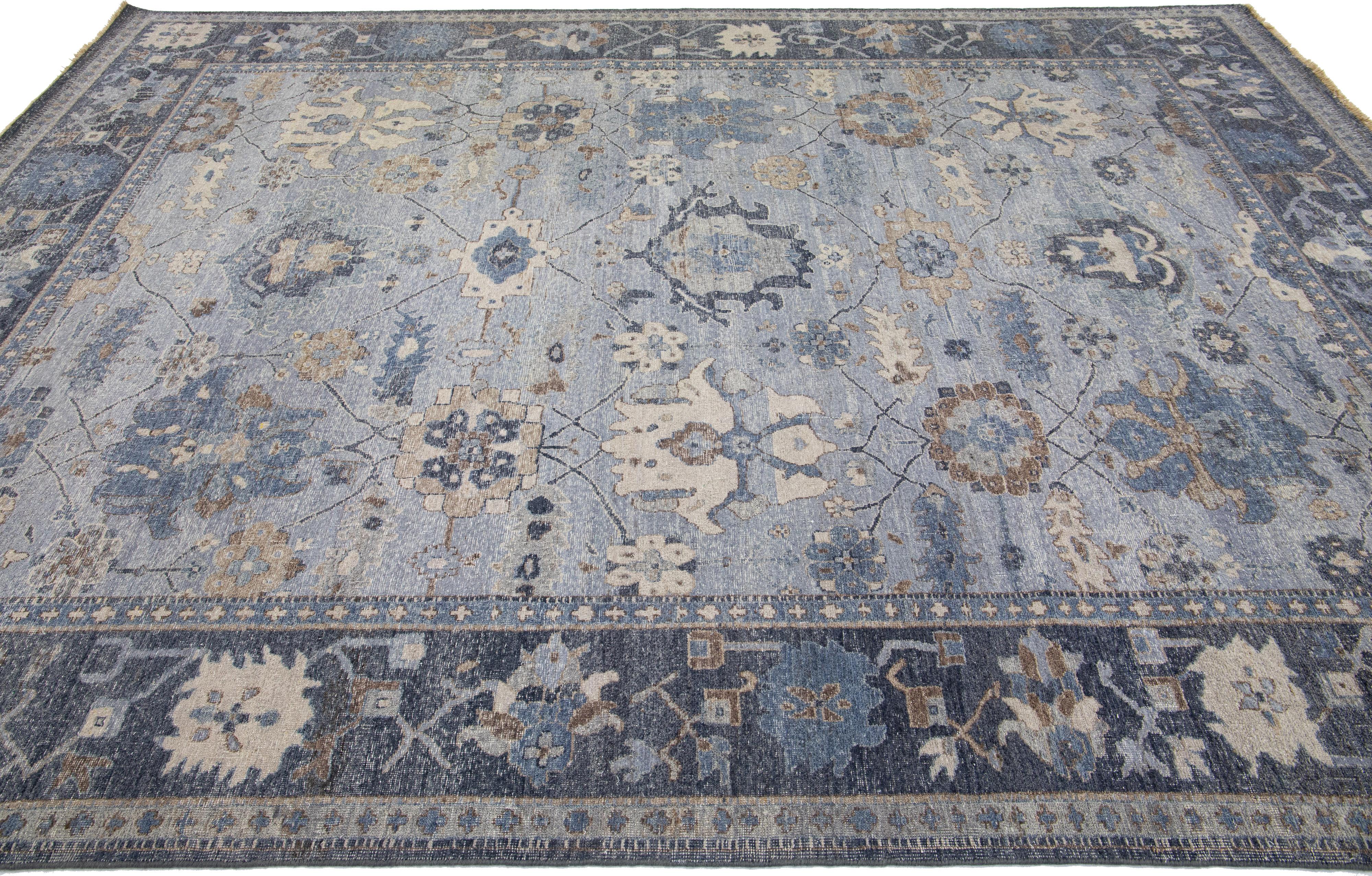 Hand-Knotted Apadana's Artisan Collection Grey Handmade Floral Motif Wool Rug For Sale