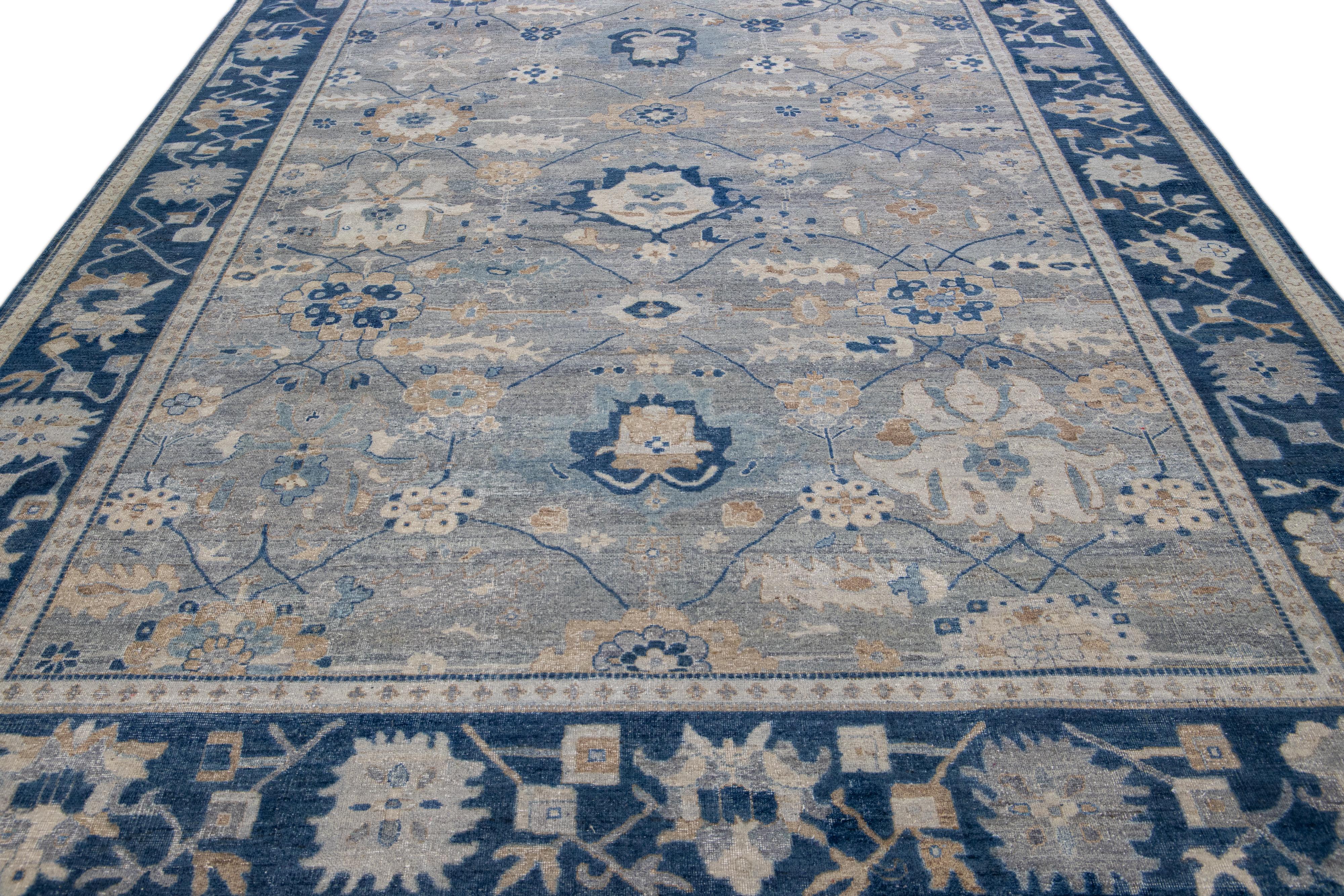 Modern Apadana's Artisan Collection Gray Handmade Floral Wool Rug For Sale