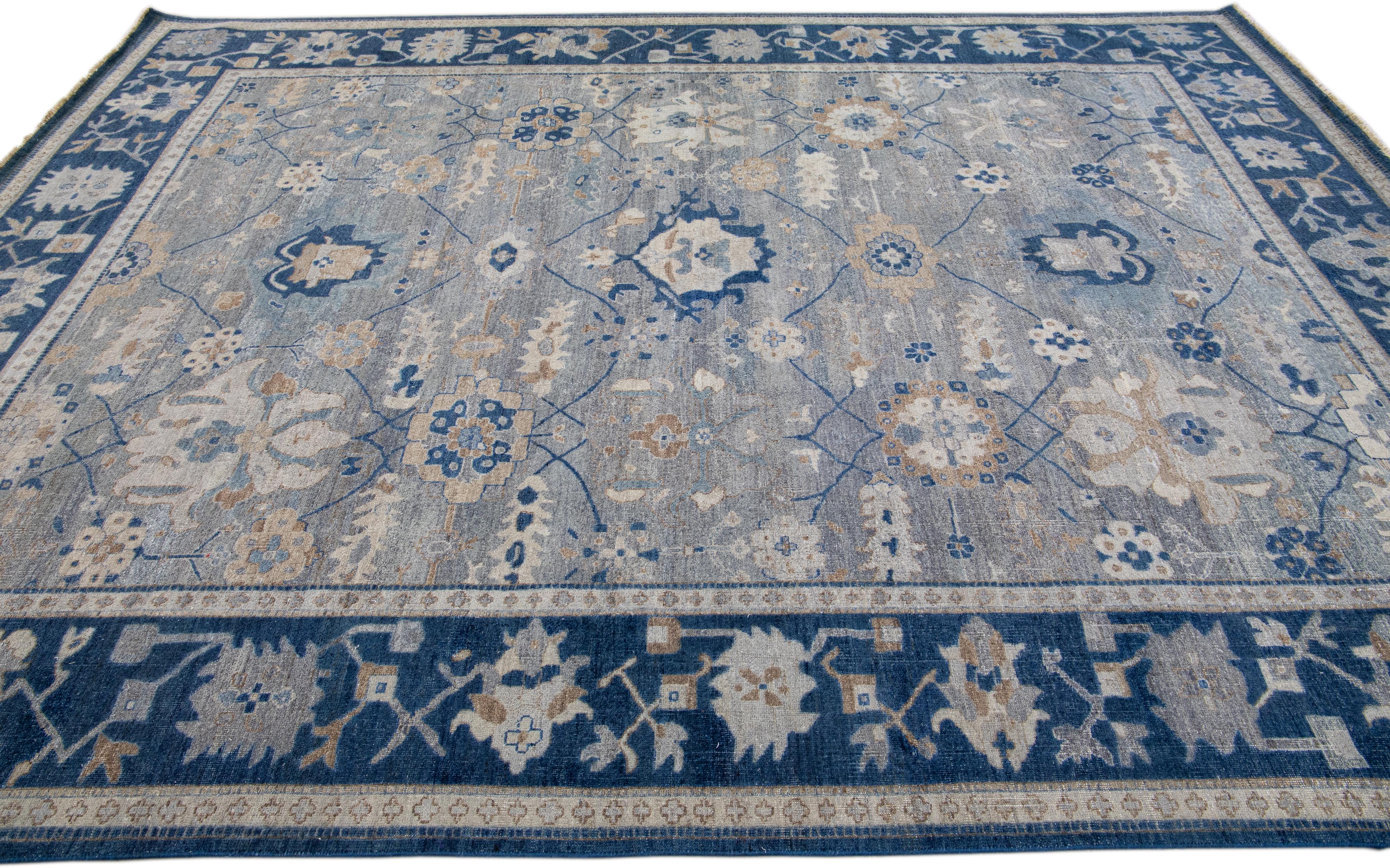Hand-Knotted Apadana's Artisan Collection Gray Handmade Floral Wool Rug For Sale
