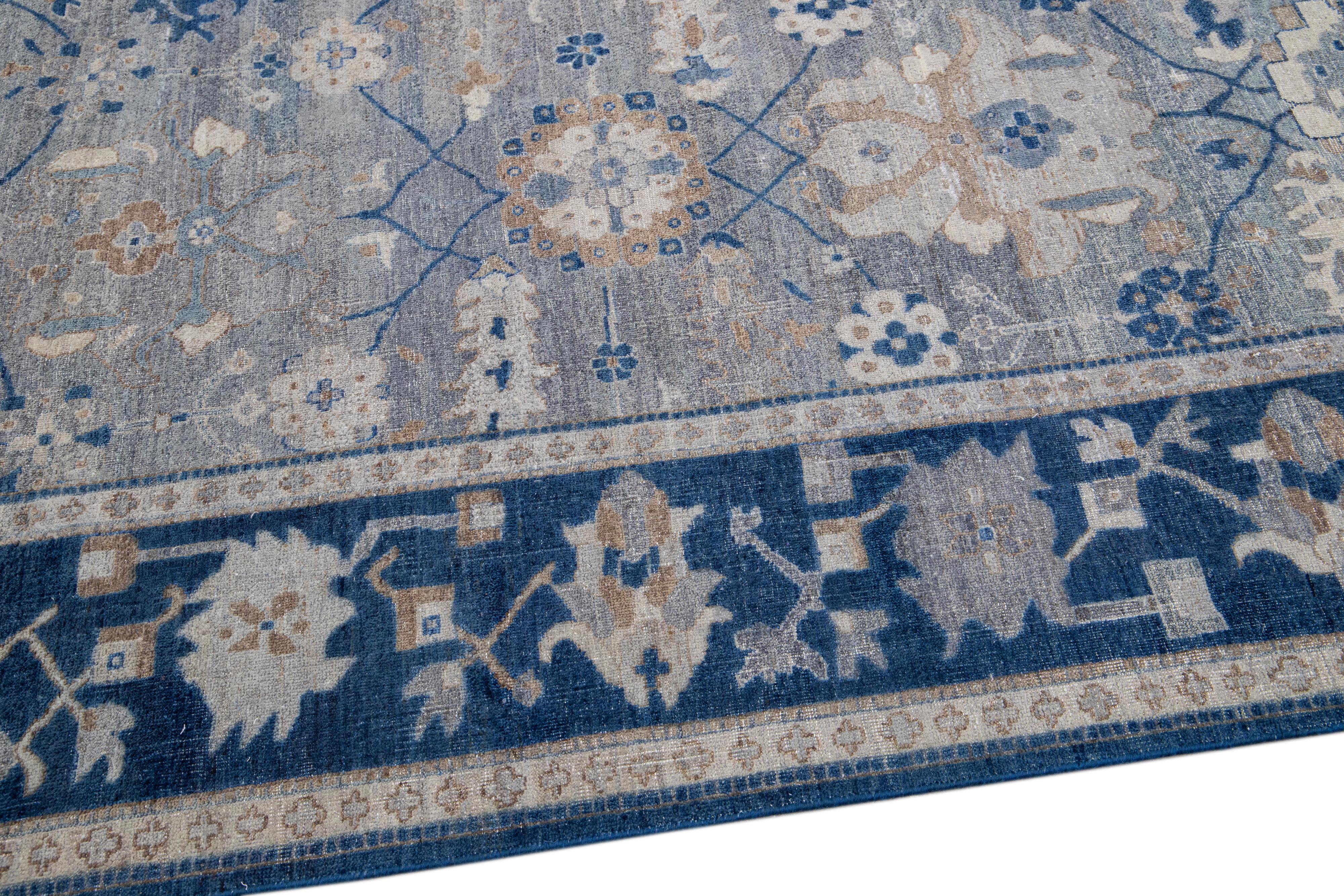 Apadana's Artisan Collection Gray Handmade Floral Wool Rug In New Condition For Sale In Norwalk, CT