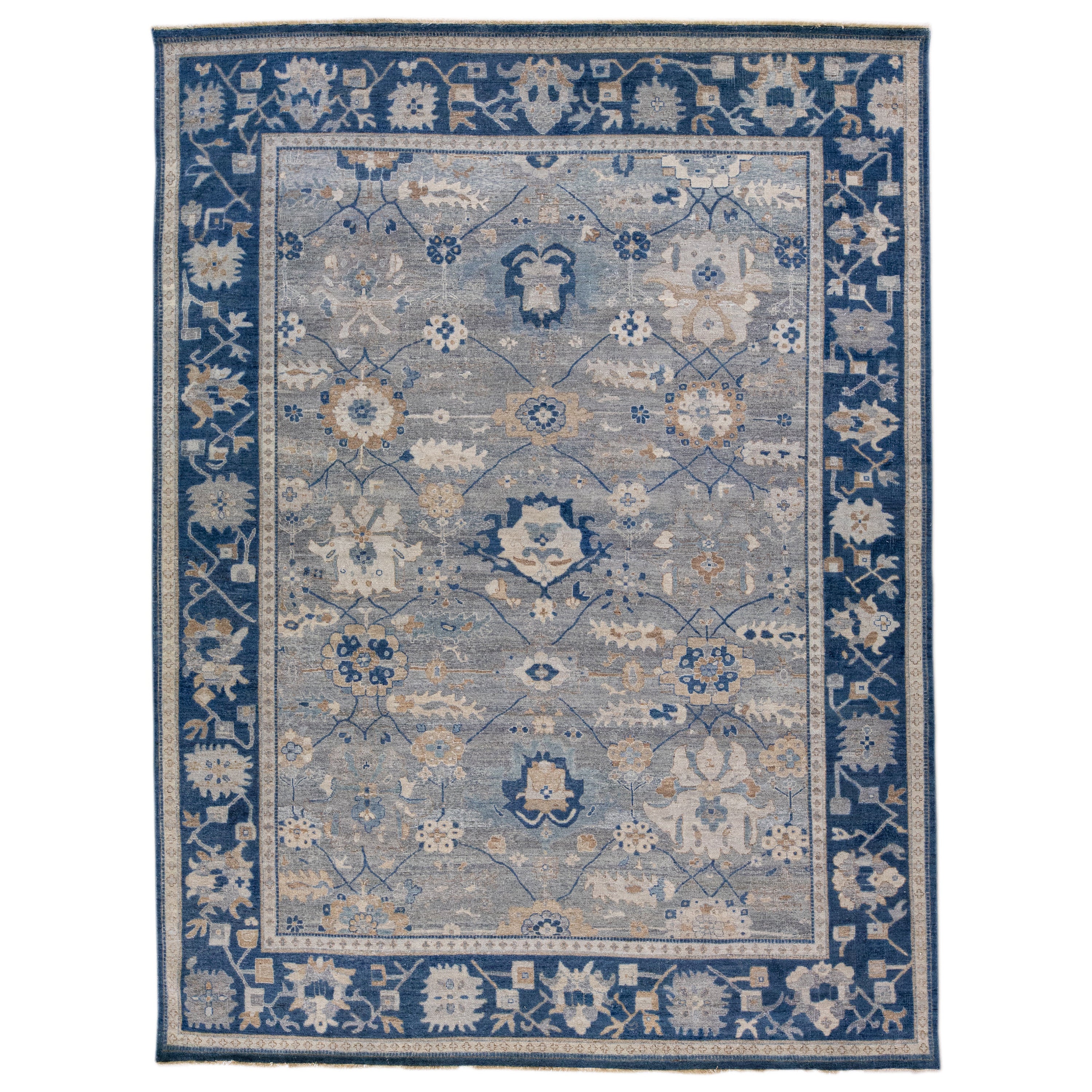 Apadana's Artisan Collection Grauer handgefertigter Wollteppich mit Blumenmuster