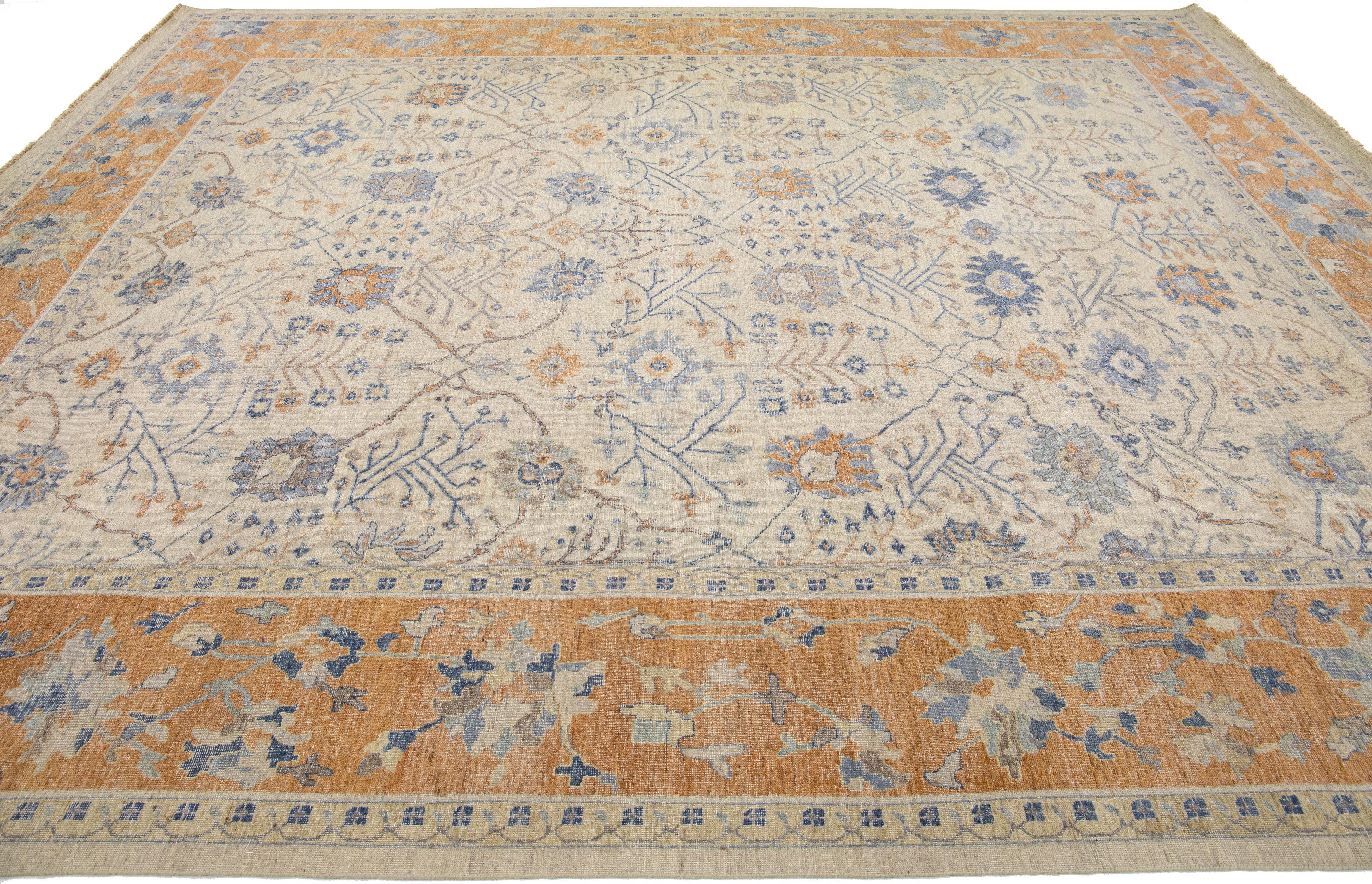 Hand-Knotted Apadana's Artisan Collection Handmade Beige and Orange Designed Wool Rug For Sale