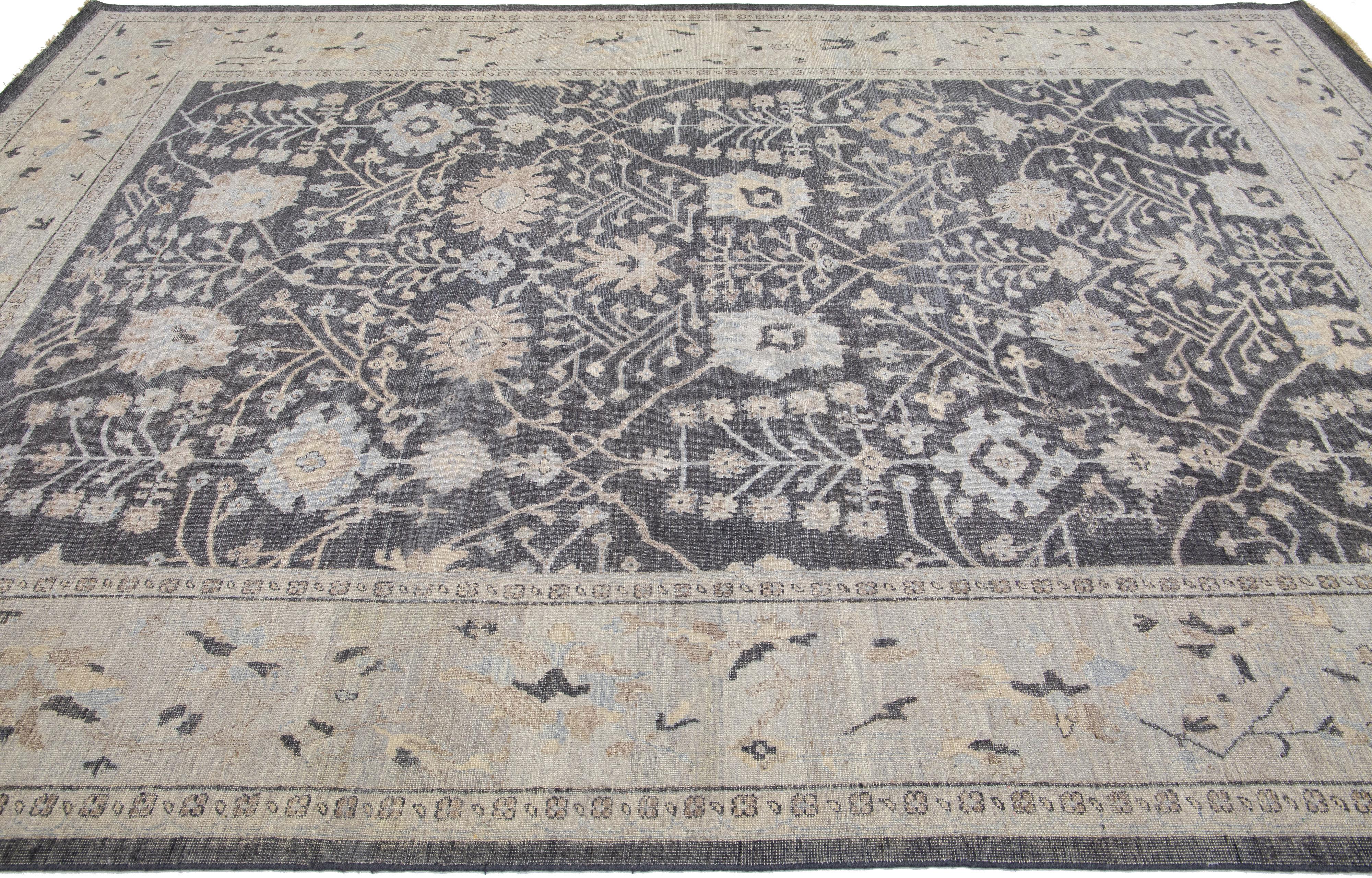 Hand-Knotted Apadana's Artisan Collection Handmade Charcoal Allover Motif Wool Rug  For Sale