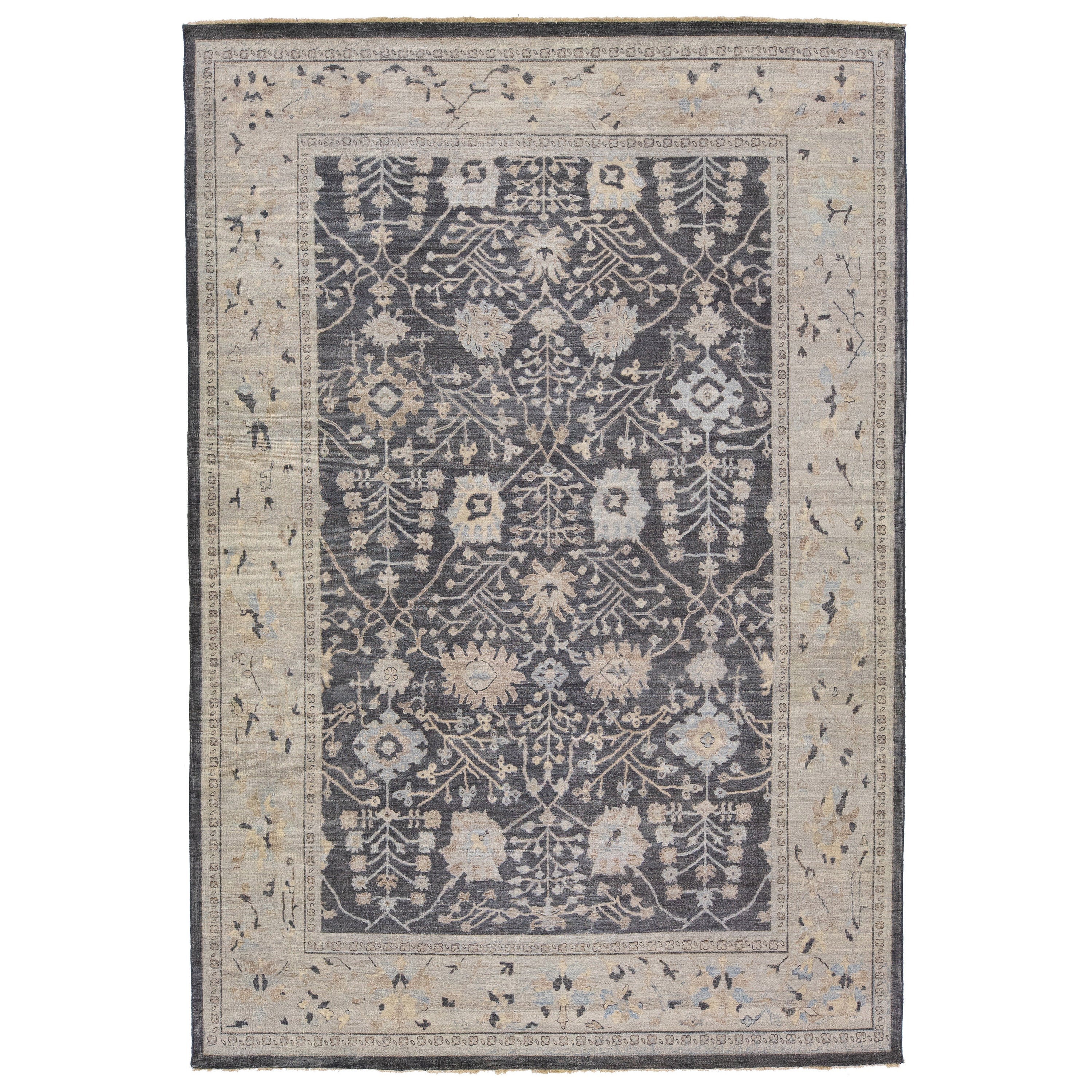 Apadana's Artisan Collection Handmade Charcoal Allover Motif Wool Rug For Sale