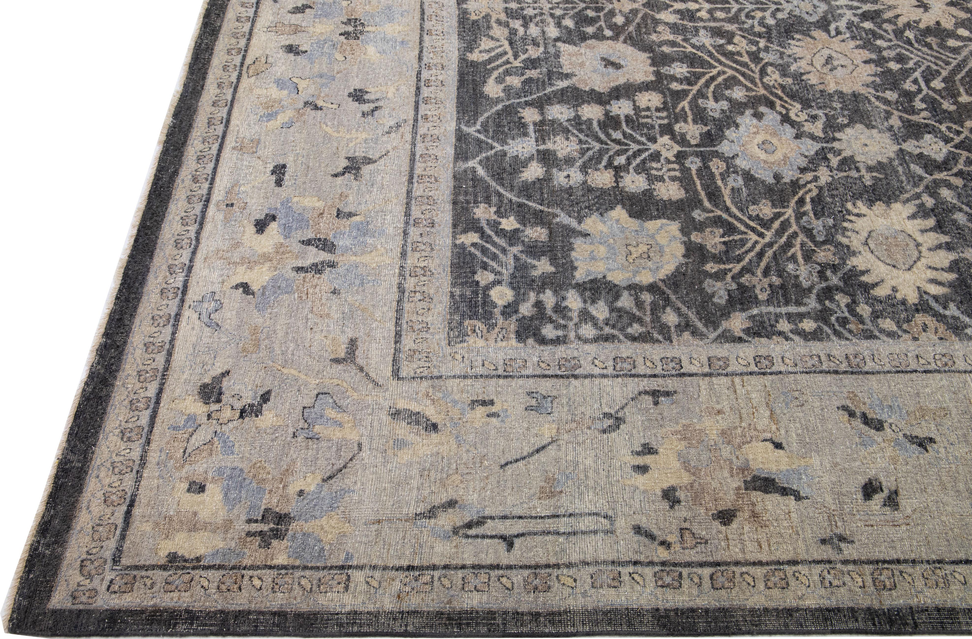 Indien Tapis en laine anthracite Apadana de la collection artisanale fait à la main avec motif sur toute la surface en vente